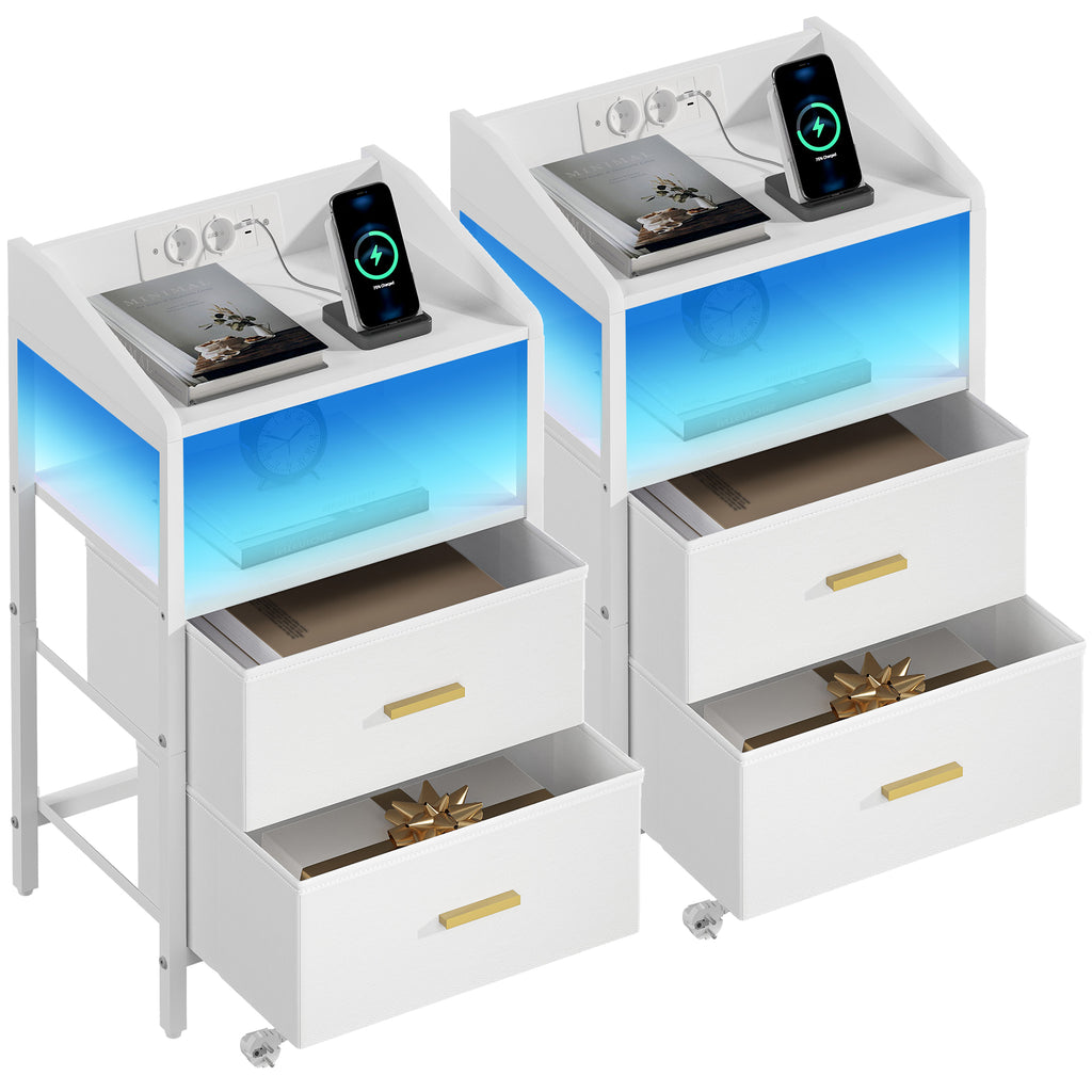 Hzuaneri Bedside Table Set of 2 with LED Lights & Charging Station, USB Ports & Outlets, White
