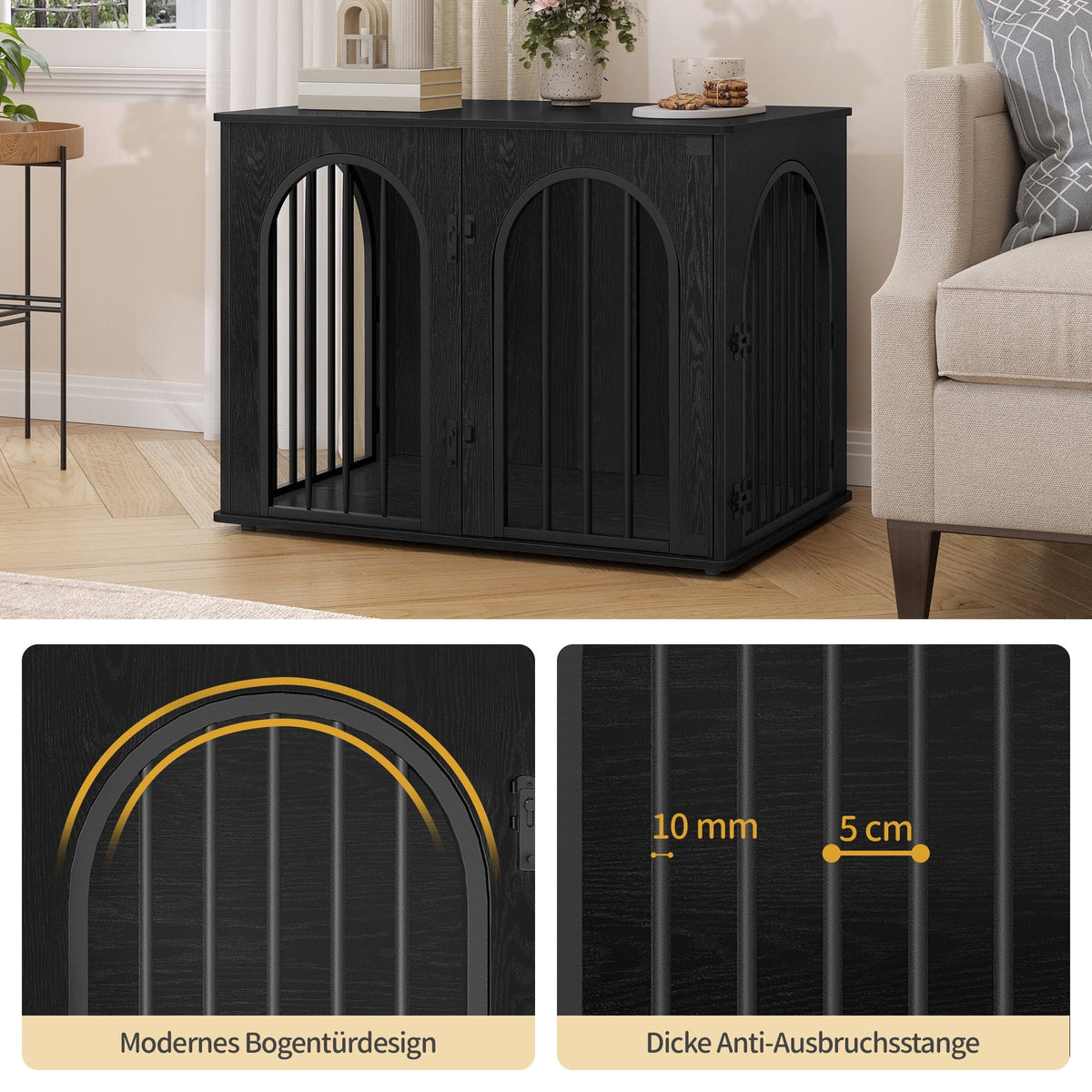 Hzuaneri Wooden Dog Crate Furniture, 31.5" Indoor Dog Kennel with Cushion, Dog Cage for Small Medium Dogs, Decorative Pet House Side End Table, Chew-Resistant, Black