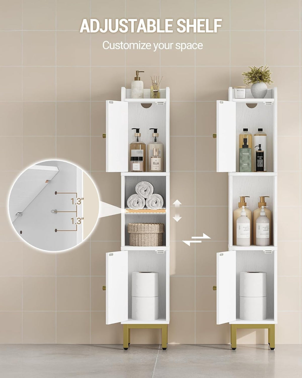 Bathroom Storage Cabinet, Narrow Bathroom Cabinet for Small Spaces with 2 Doors, 4 Adjustable Feet, Slim Freestanding Design, White