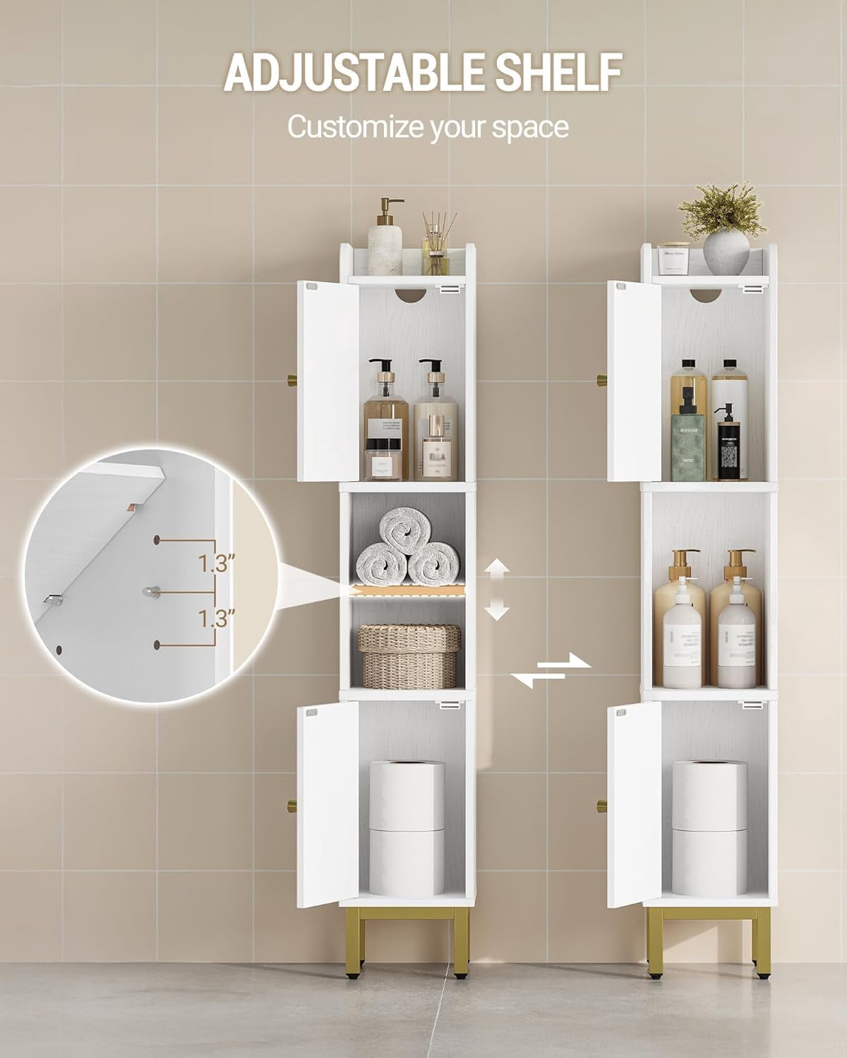 Bathroom Storage Cabinet, Narrow Bathroom Cabinet for Small Spaces with 2 Doors, 4 Adjustable Feet, Slim Freestanding Design, White