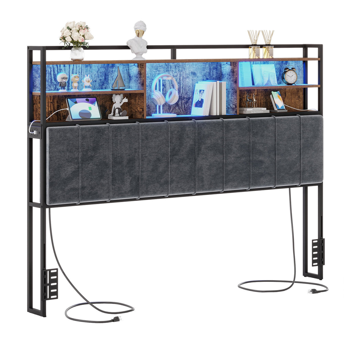 King Size Headboard with 3-Tier Storage Shelves, Velvet Upholstered Head Board with 2 Outlets, USB Ports & LED Light, Soft Backrest for King Size Bed, Rustic Brown and Black