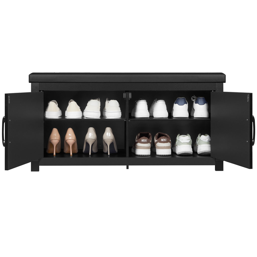 Hzuaneri Shoe Storage Bench, 39.4"W 2‑Tier Farmhouse Entryway Bench for Small Spaces, with Padded Seat Cushion, 2 Barn Doors & Adjustable Shelf, Shoe Cabinet for Living Room Bedroom Hallway, Black