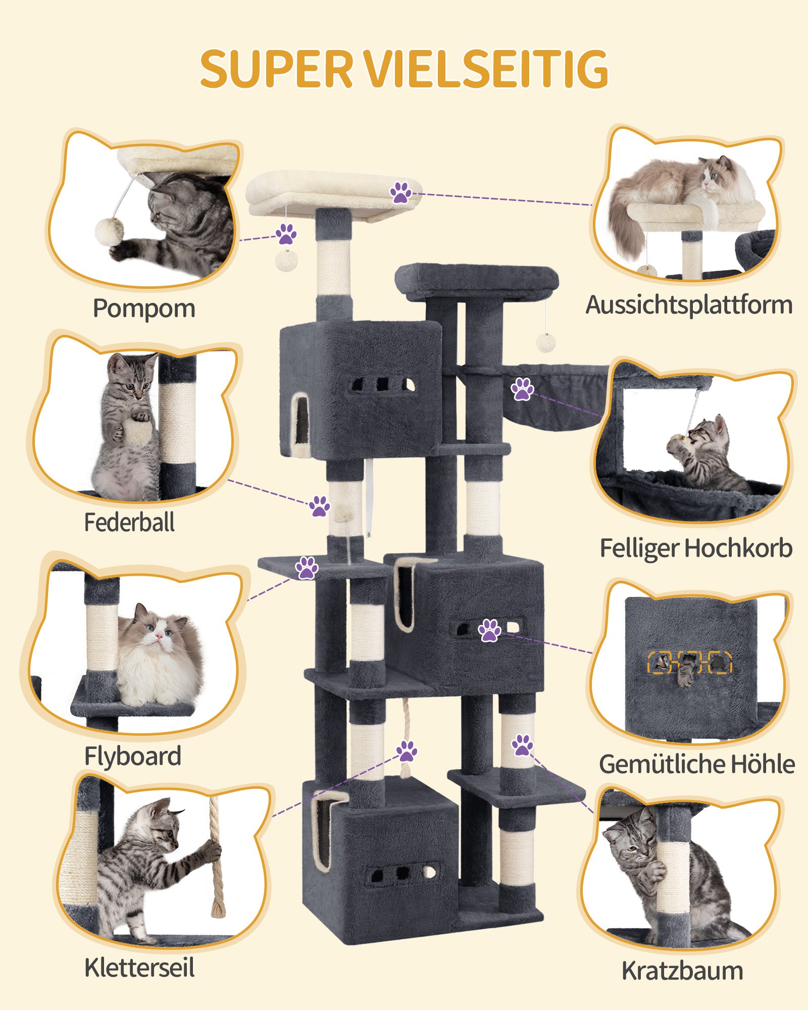 Hzuaneri Large Cat Tree, 193 cm High, XXL Cat Tree, with 7 Scratching Posts, 3 Caves, 2 Platforms, 2 Plush Balls, Basket