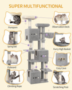 Hzuaneri Large Cat Tree, 193 cm High, XXL Cat Tree, with 7 Scratching Posts, 3 Caves, 2 Platforms, 2 Plush Balls, Basket