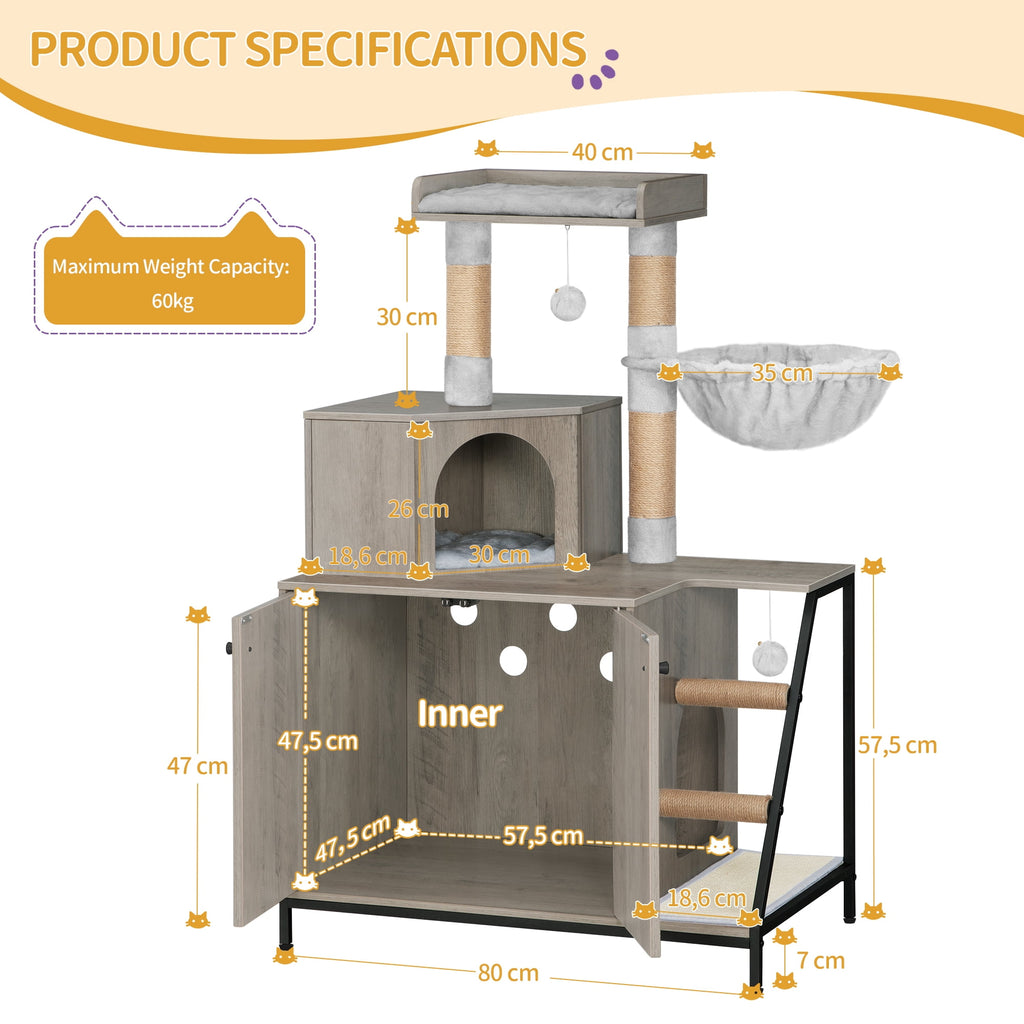 4-in-1 Cat Litter Box Enclosure Cat Tree, Platform, Scratcher, Stairs,Greige with Platform, Scratching Posts, Washable Removable Cushion, Greige