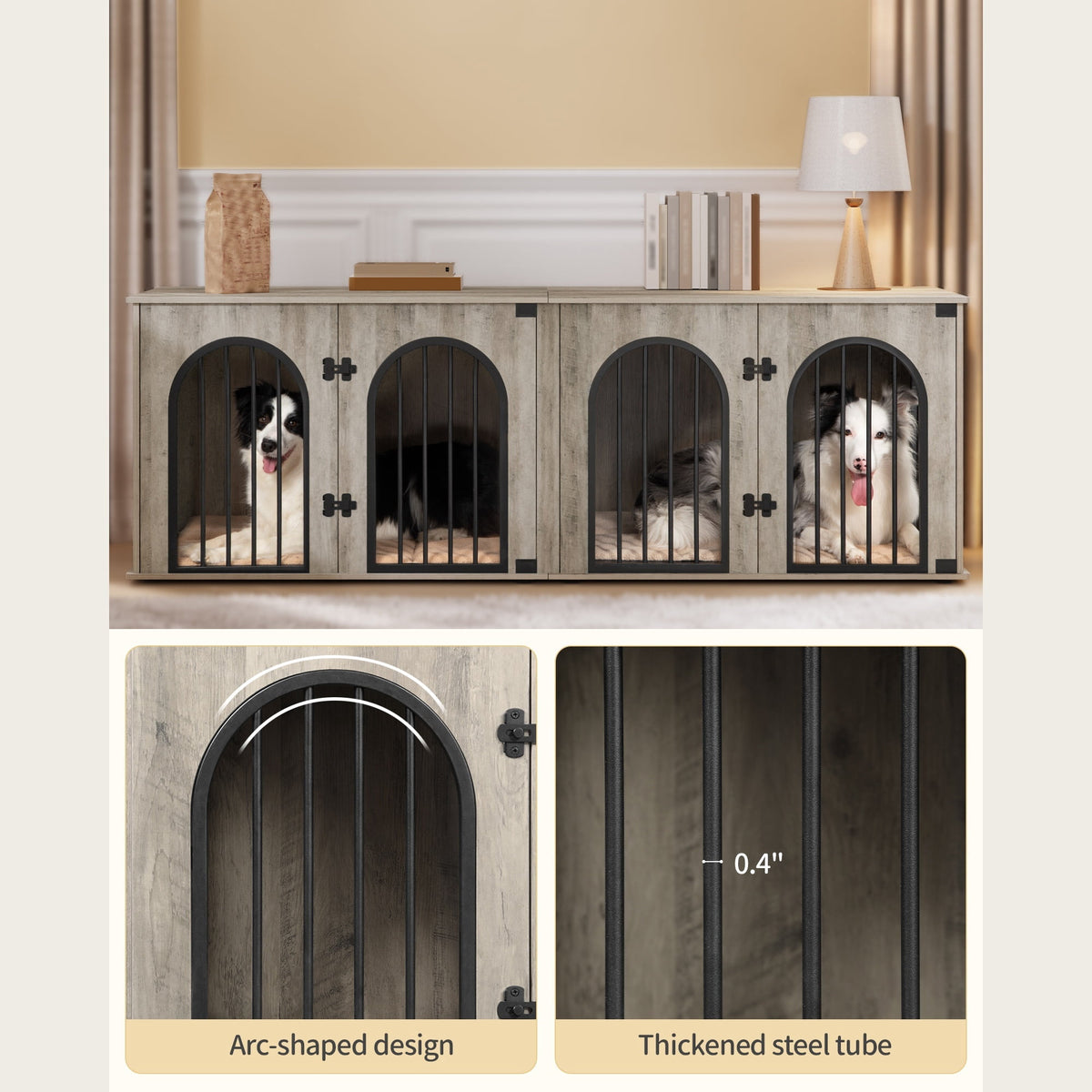 Hzuaneri 71" Dog Crate Furniture for 2 Dogs, Heavy Duty Wooden Kennel for Medium Large Dogs with Divider,Greige Black