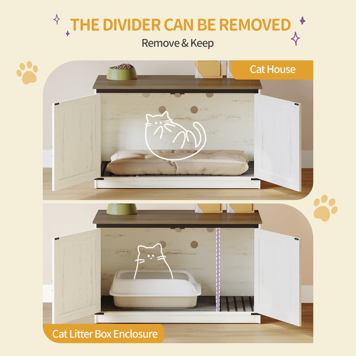 Hzuaneri 39.4 inch Cat Litter Box Enclosure, Hidden Litter Box Furniture Cabinet with Cushion for Cat, Wooden Cat House Reversible Entrance Left or Right Side, Rustic White and Brown
