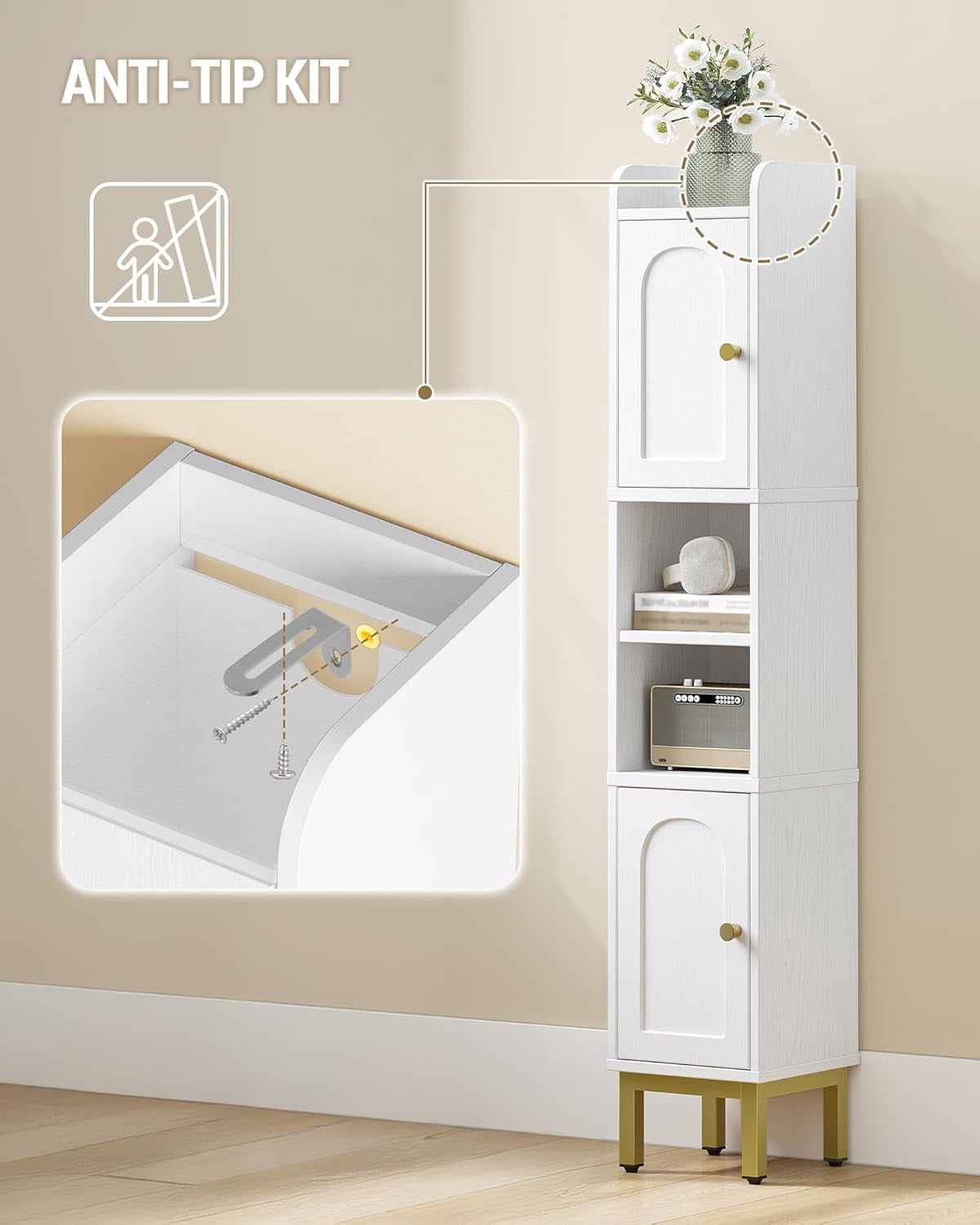 Bathroom Storage Cabinet, Narrow Bathroom Cabinet for Small Spaces with 2 Doors, 4 Adjustable Feet, Slim Freestanding Design, White