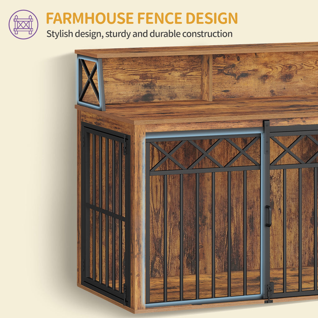 39.4" Large wooden dog crate, Indoor Dog Kennel with Barn Door for Medium/Large Dogs, 3 Doors dog Crate Furniture with Storage, Rustic Brown