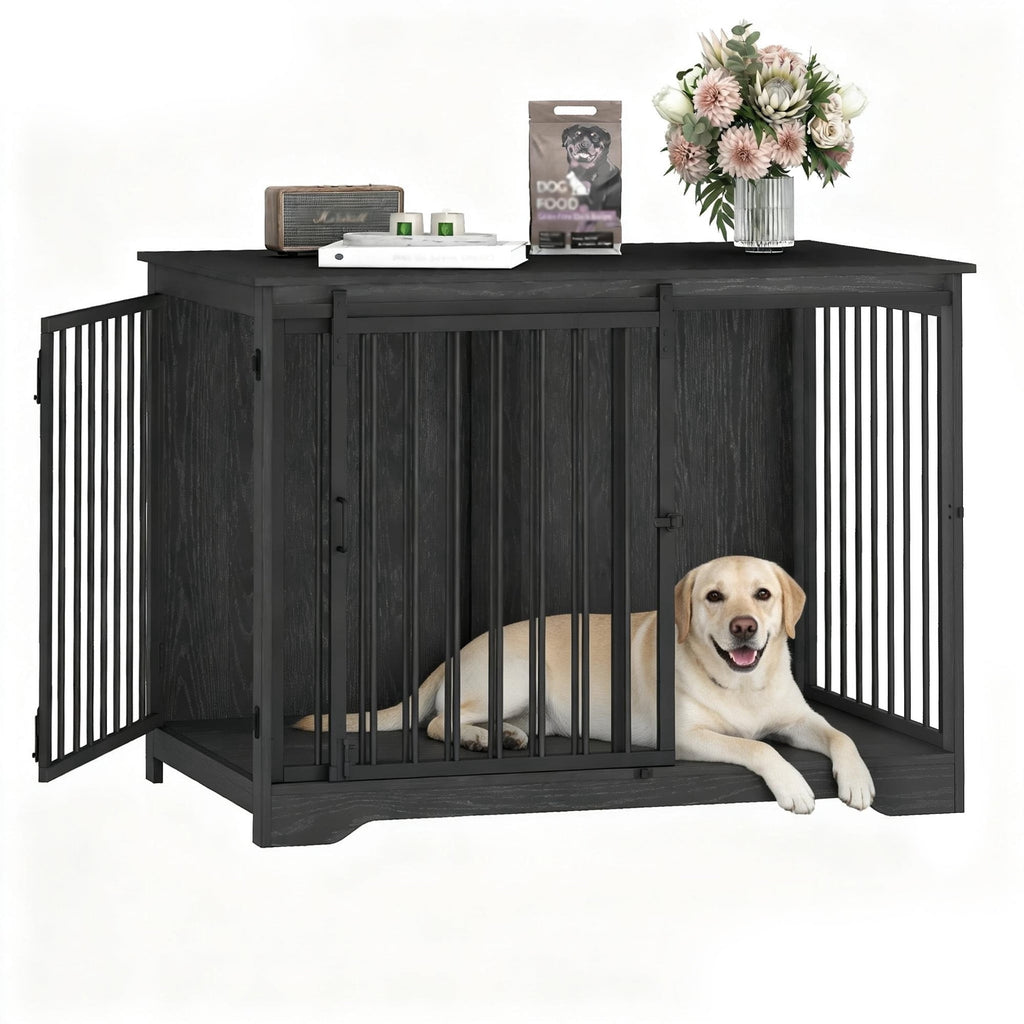 Hzuaneri Dog Crate Furniture with Barn Door, 43.3" Wood Heavy Duty Dog Crate Kennel for Medium/Large Dogs, End Side Table, Farmhouse Style, Black