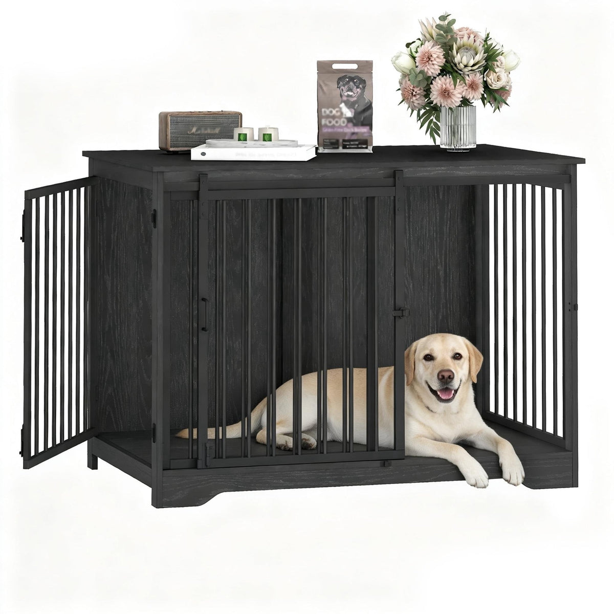 Hzuaneri Dog Crate Furniture with Barn Door, 43.3" Wood Heavy Duty Dog Crate Kennel for Medium/Large Dogs, End Side Table, Farmhouse Style, Black