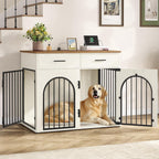 Hzuaneri 43.3'' Dog Crate Furniture for Large Dog, Indoor Dog Kennel with 2 Storage Drawers, Charging Station, Wooden Dog Cage End Table Kennel, White Brown