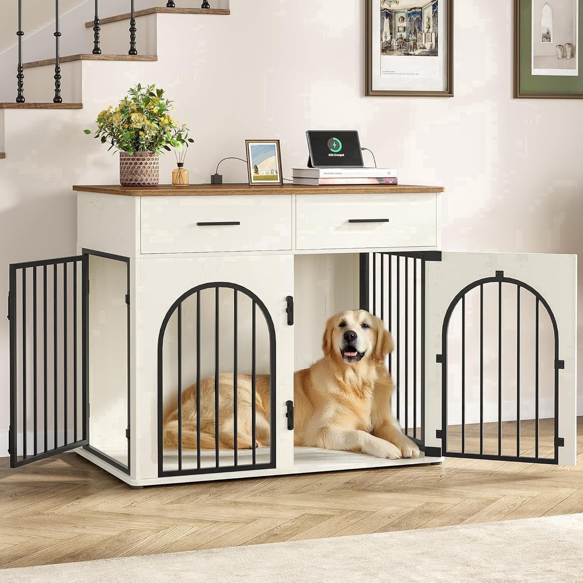 Hzuaneri 43.3'' Dog Crate Furniture for Large Dog, Indoor Dog Kennel with 2 Storage Drawers, Charging Station, Wooden Dog Cage End Table Kennel, White Brown