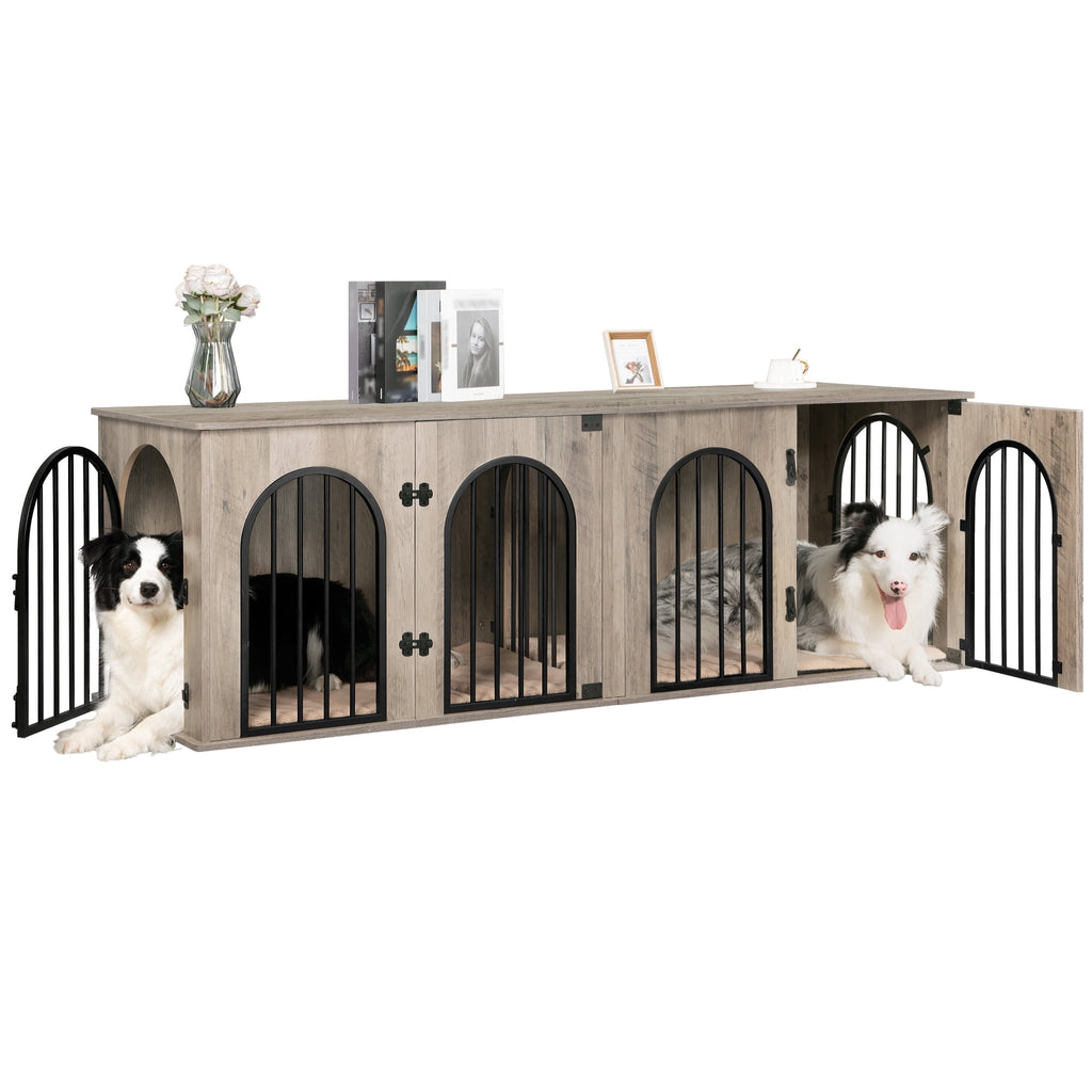 Hzuaneri 71" Dog Crate Furniture for 2 Dogs, Heavy Duty Wooden Kennel for Medium Large Dogs with Divider,Greige Black
