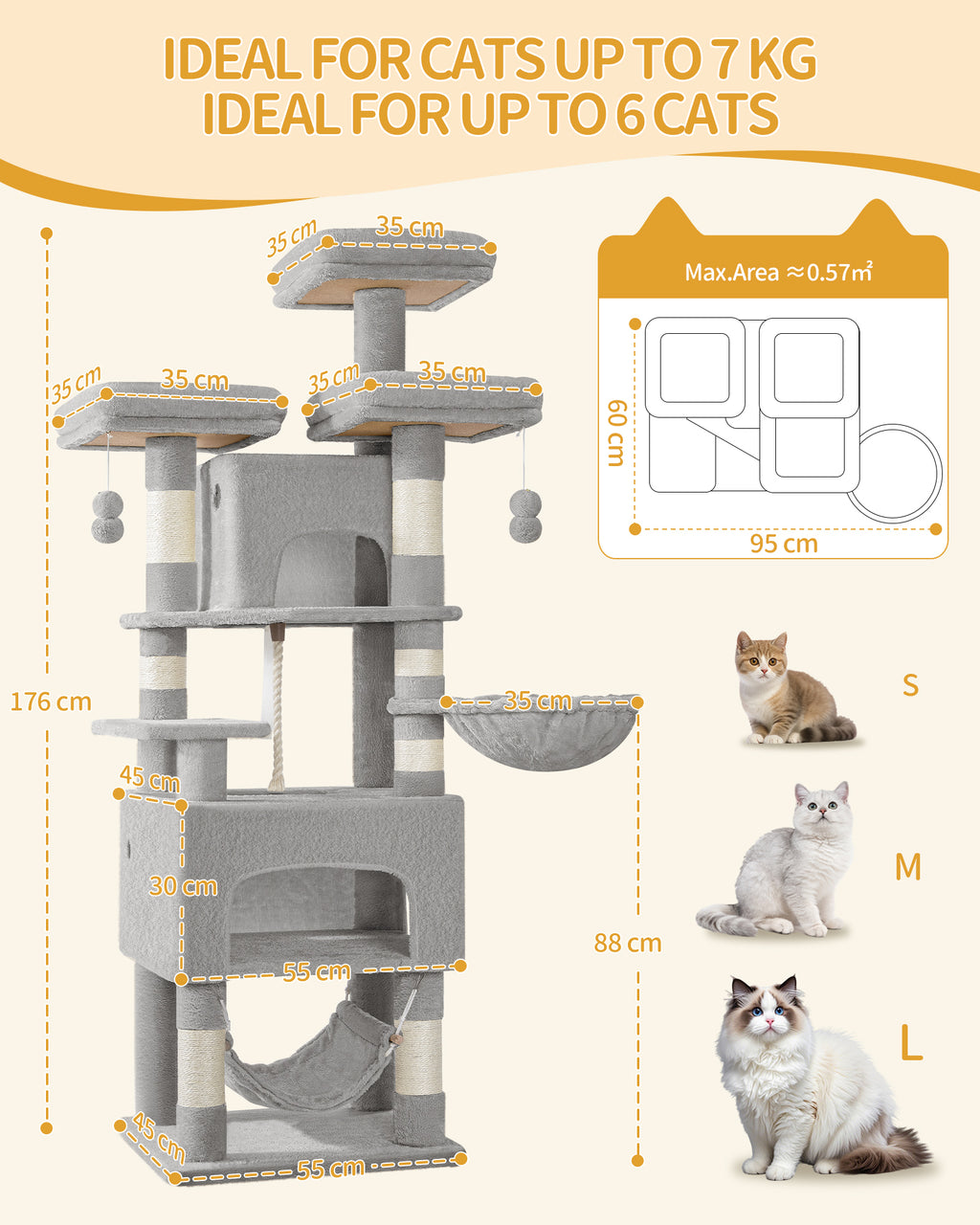 Hzuaneri Cat Tree, 176cm Cat Tree, XL, 3 Platforms, 2 Caves, 7 Scratching Posts, Light Grey