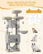 Hzuaneri Cat Tree, 176cm Cat Tree, XL, 3 Platforms, 2 Caves, 7 Scratching Posts, Light Grey