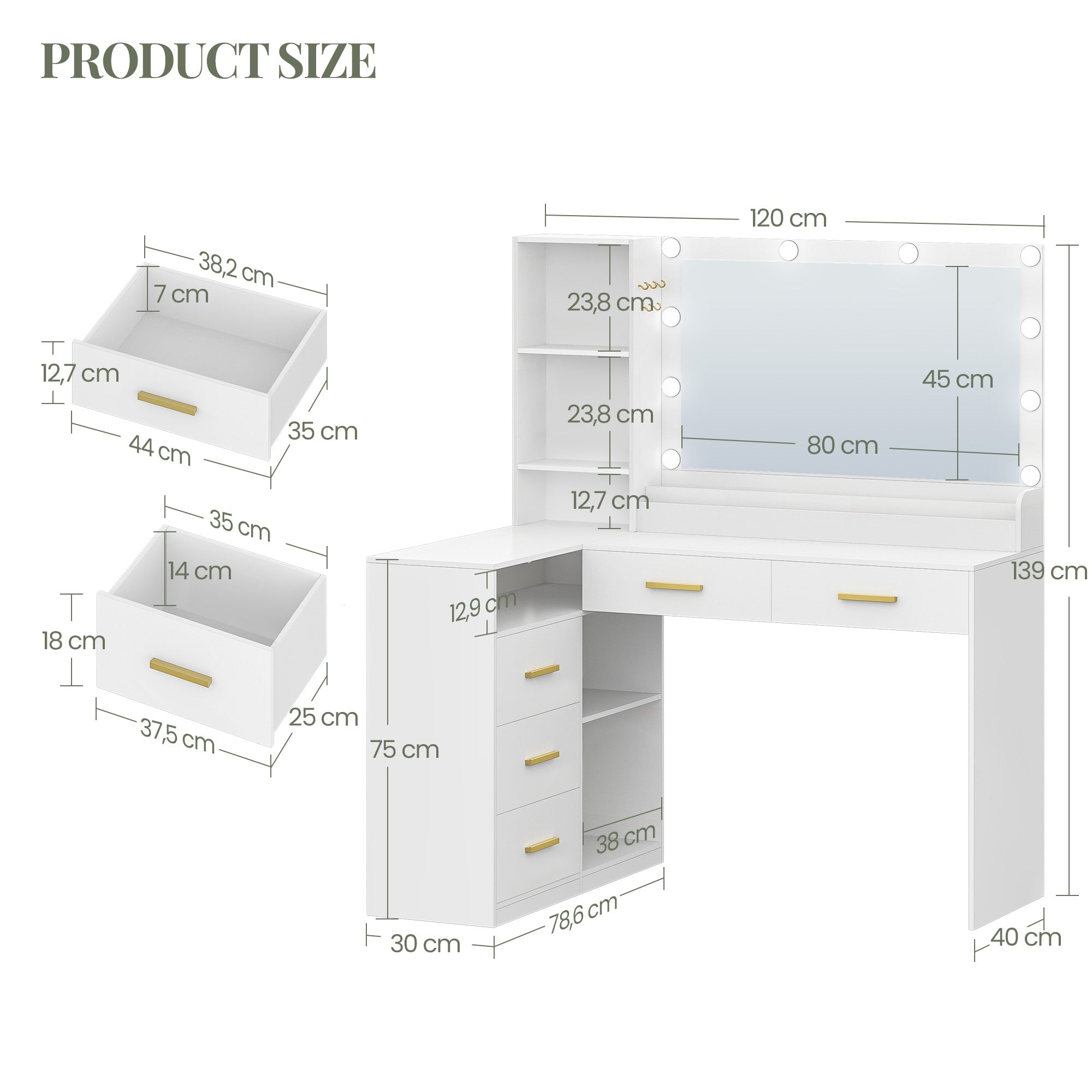 HEXCELEN Dressing Table with Large Mirror, Corner Vanity Table with 5 Drawers, Multiple Open Storage Compartments, 40 x 120 x 139 cm, White,120103X
