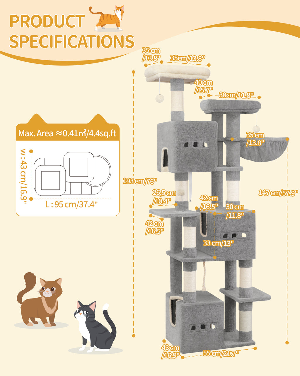 Hzuaneri Large Cat Tree, 193 cm High, XXL Cat Tree, with 7 Scratching Posts, 3 Caves, 2 Platforms, 2 Plush Balls, Basket