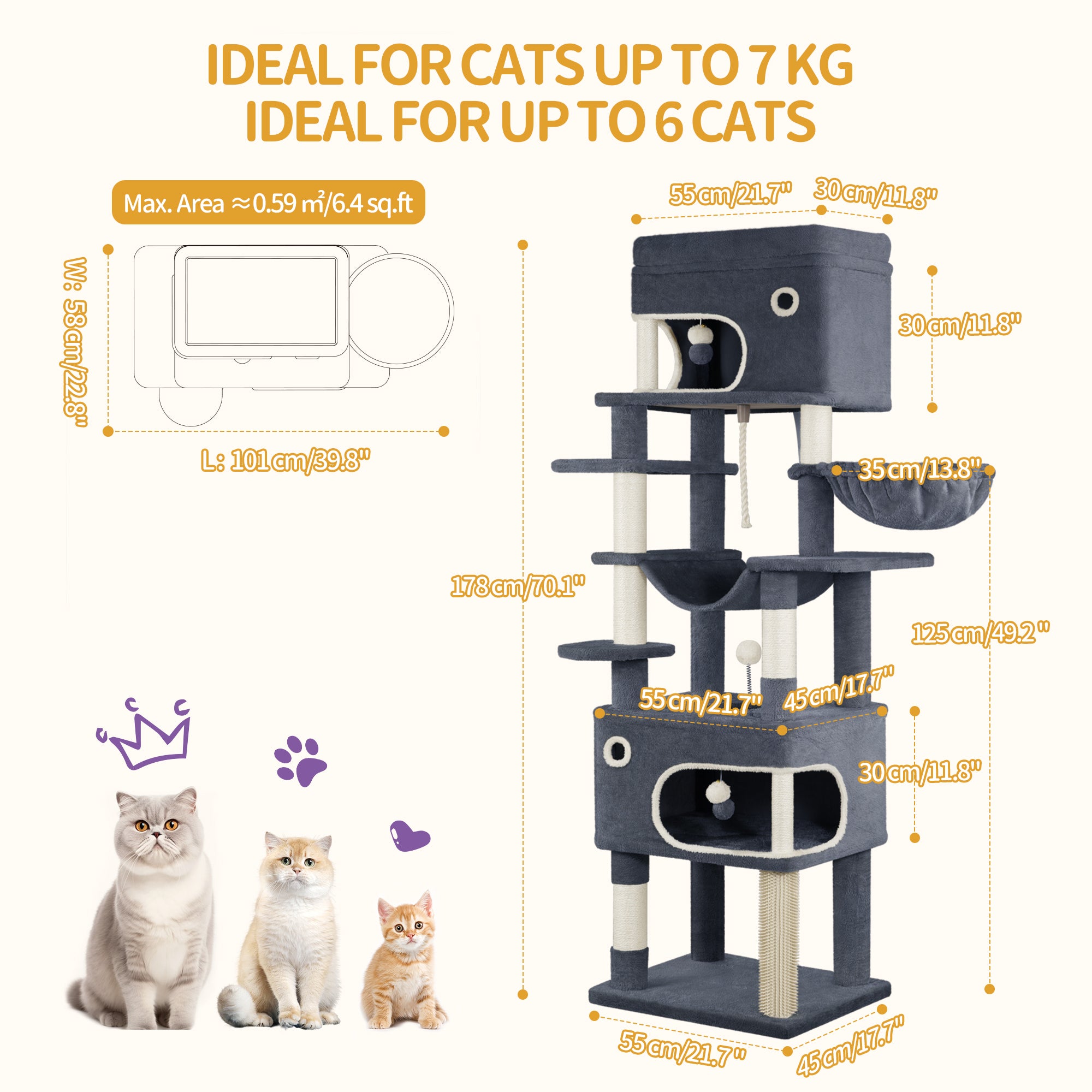 Hzuaneri 178 cm Cat Tree for Indoor Cats, Multi-layer Scratching Post with Large Platform, 2 Caves, 7 Sisal Posts, Pompoms, Cat Basket, Hammock, Suitable for Cats, Dark Grey MS17818SG