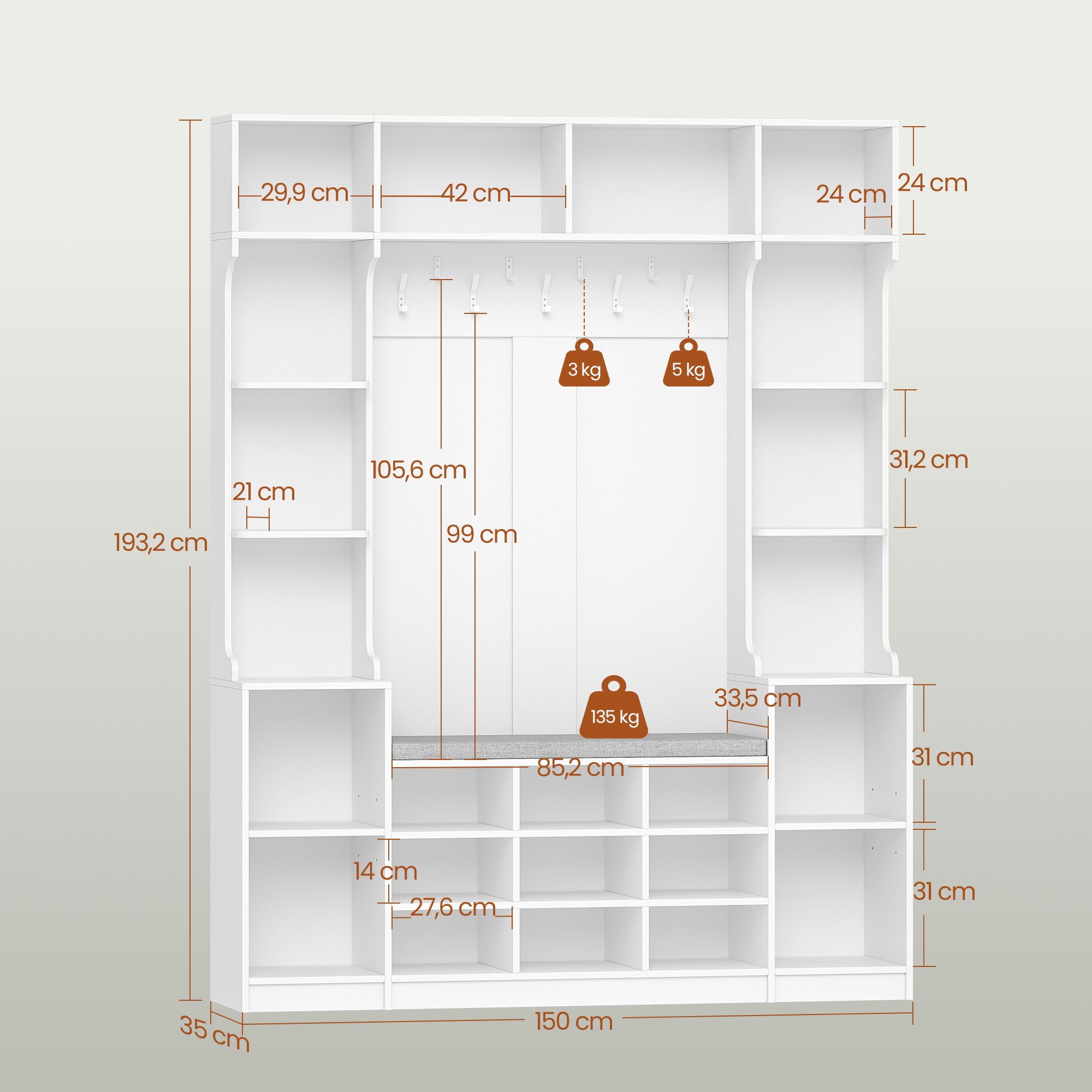 HEXCELEN Coat Rack with Shoe Bench, 35 x 150 x 193.2 cm, with 23 Open Compartments and 9 Hooks, Adjustable Shelves, for Hallways, Entrances, Living Rooms, White 7215003X