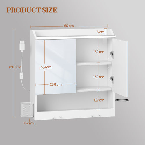 HEXCELEN 60 cm Bathroom Mirror Cabinet, Bathroom Cabinet with Mirror, Wall Cabinet with 2 Doors, Adjustable Levels, with Hooks, for Bathroom, 15 x 60 x 63.5 cm, White, 590203X