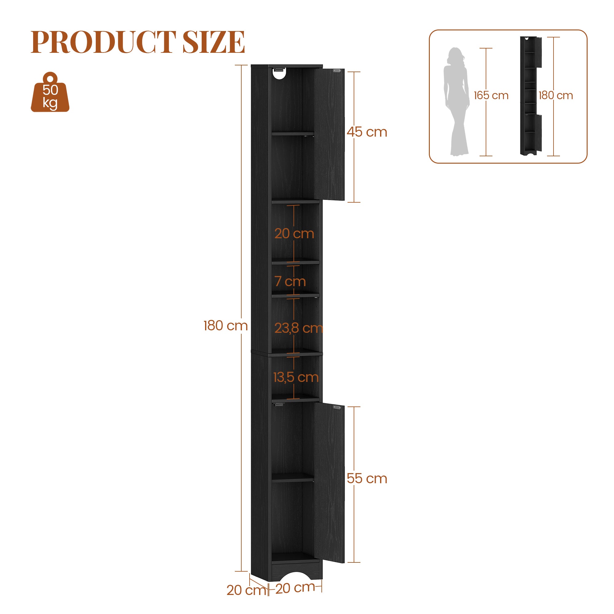 HEXCELEN Narrow Bathroom Cabinet, Tall Bathroom Cabinet with Open Compartment and 2 Doors, Adjustable Shelves, for Bathroom, Living Room, Bedroom, 20 × 20 × 180 cm, Black, 518104X