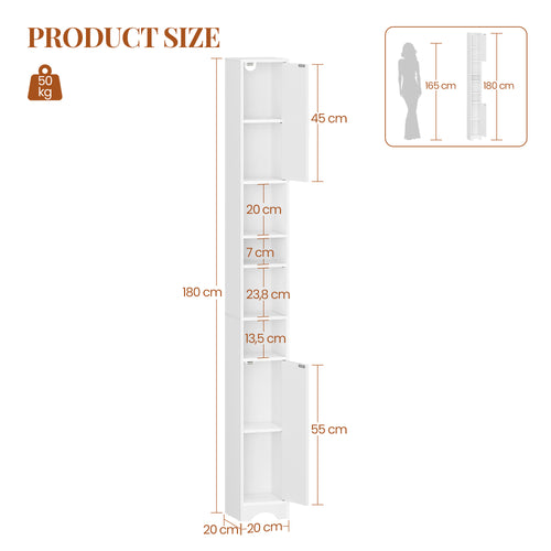 HEXCELEN Bathroom Cabinet, Narrow Tall Bathroom Cabinet, Bathroom Tall Cabinet, Bathroom Cabinet with Open Compartment and Door, Adjustable Shelves, Space-Saving Bathroom Shelf, Bathroom Furniture, 20 x 20 x 180 cm White 518103X