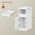 HEXCELEN Narrow Bedside Table, Nightstands with Tray, Side Table with 1 Door, Side Table with 2 Hooks, Space-Saving, for Bedroom, Living Room, Modern Style, White, 35 × 24 × 64 cm,301103X