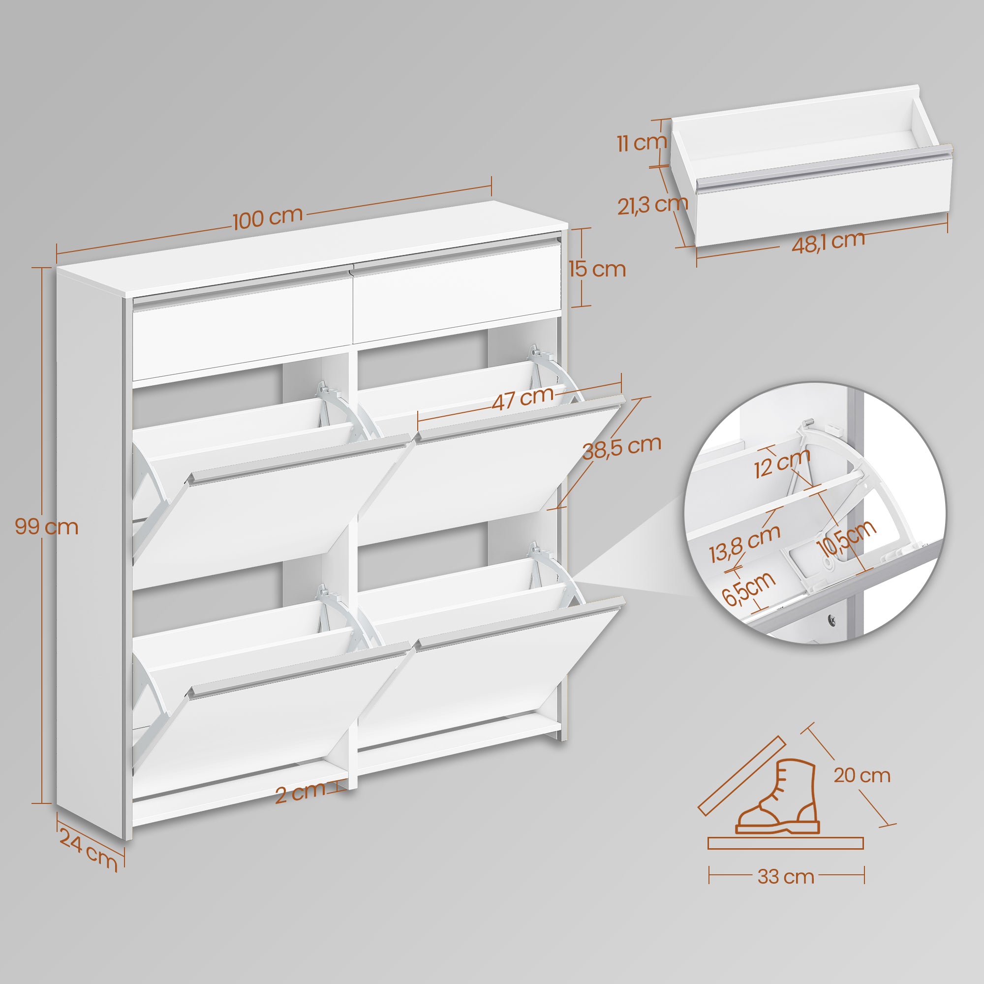 HEXCELEN Narrow Shoe Cabinet with 4 Hinged Doors, Shoe Cabinet, Shoe Rack with Drawer, Narrow Shoe Chest with 8 Shelves, Adjustable, for Hallway, Entrance, 100 x 24 x 99 cm, White