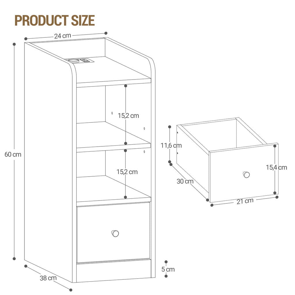 Hzuaneri Slim Bedside Table with Charging Function With USB & Type C Connections, Bedside Tables with 3 Tier Storage Space, 1 Drawer, for Bedroom, Living Room, Oak NS36416X
