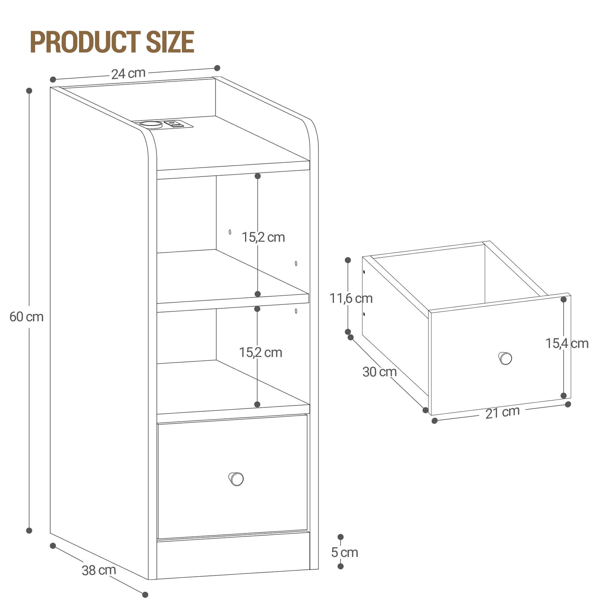 Hzuaneri Slim Bedside Table with Charging Function With USB & Type C Connections, Bedside Tables with 3 Tier Storage Space, 1 Drawer, for Bedroom, Living Room, Oak NS36416X