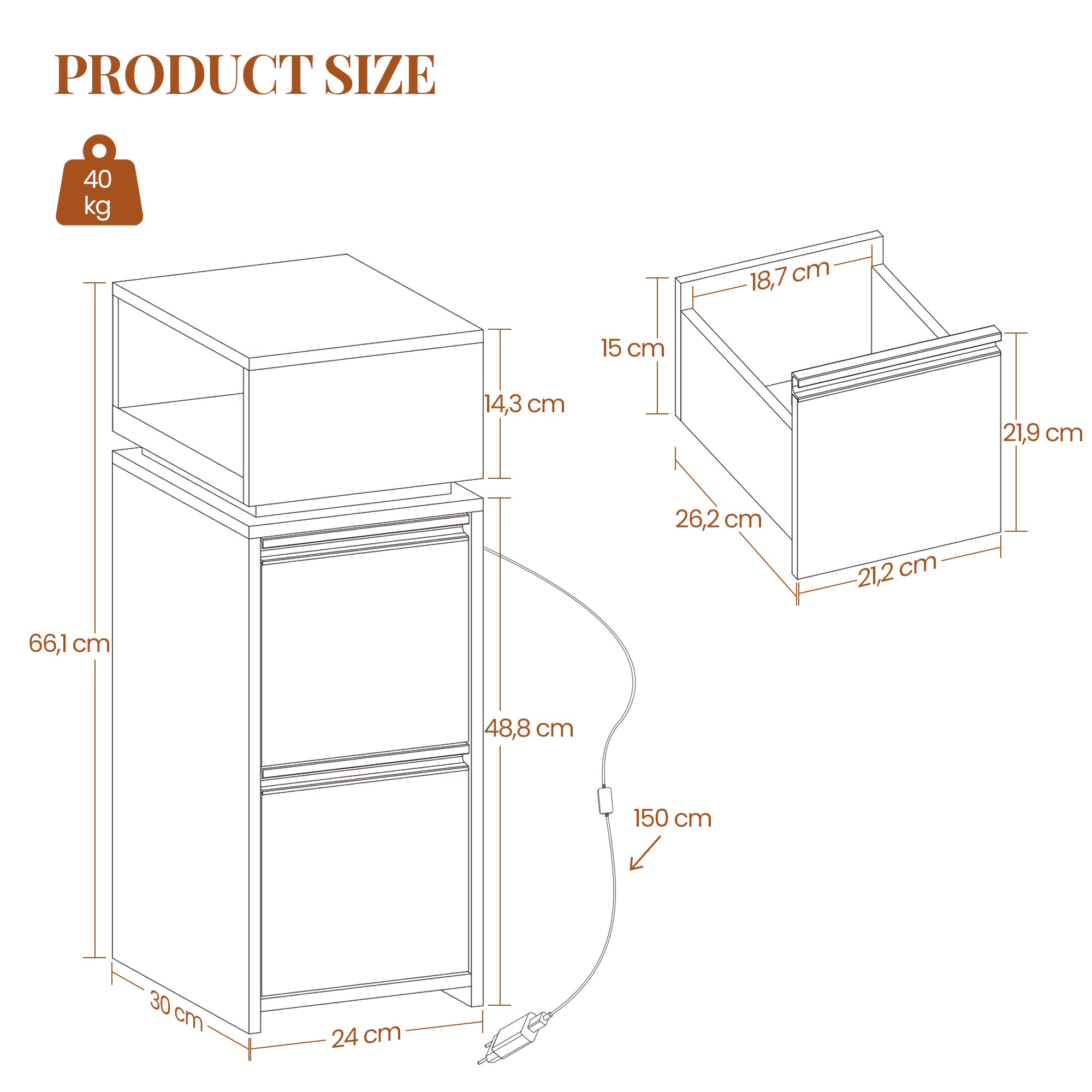 HEXCELEN Nightstand, Narrow, Side Table with 2 Drawers and 1 Open Compartment, Bedside Table for Bedroom, Side Table, for Bedroom, Living Room, Modern, White 321103X