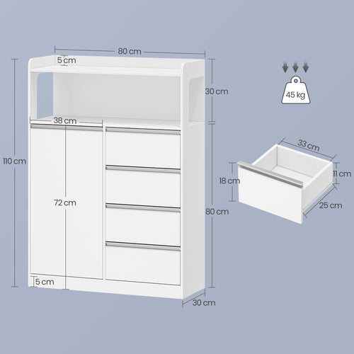 HEXCELEN Bathroom Cabinet, Kitchen Cabinet, 30 x 80 x 110 cm, Storage Cabinet with 4 Drawers and Open Shelf, Bathroom Cabinet High, Adjustable Shelf, for Bathroom, Living Room, White, 580103W