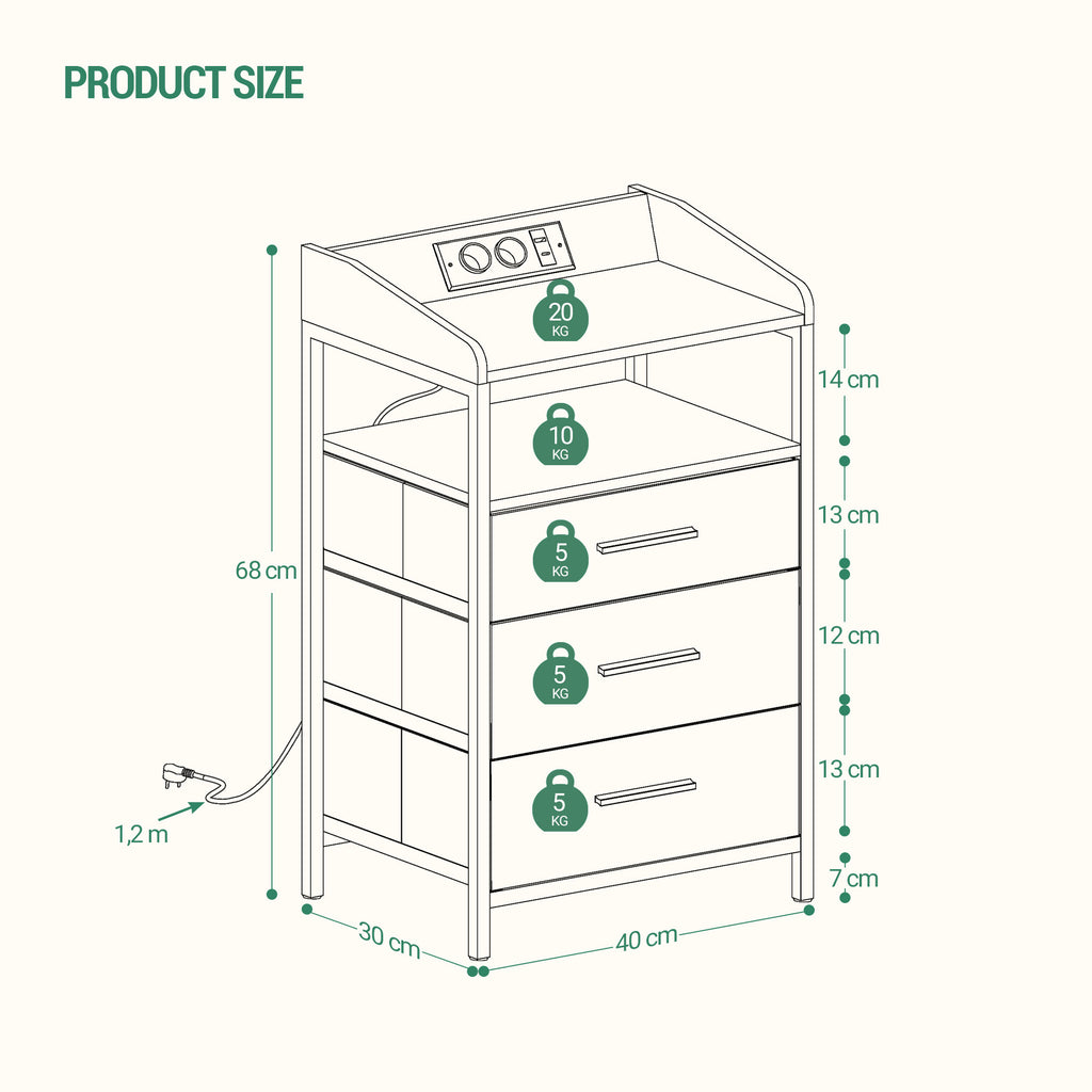 Hzuaneri Bedside Table with LED Lights & Charging Station, 3 Fabric Drawers, USB Ports & Power Outlets, White