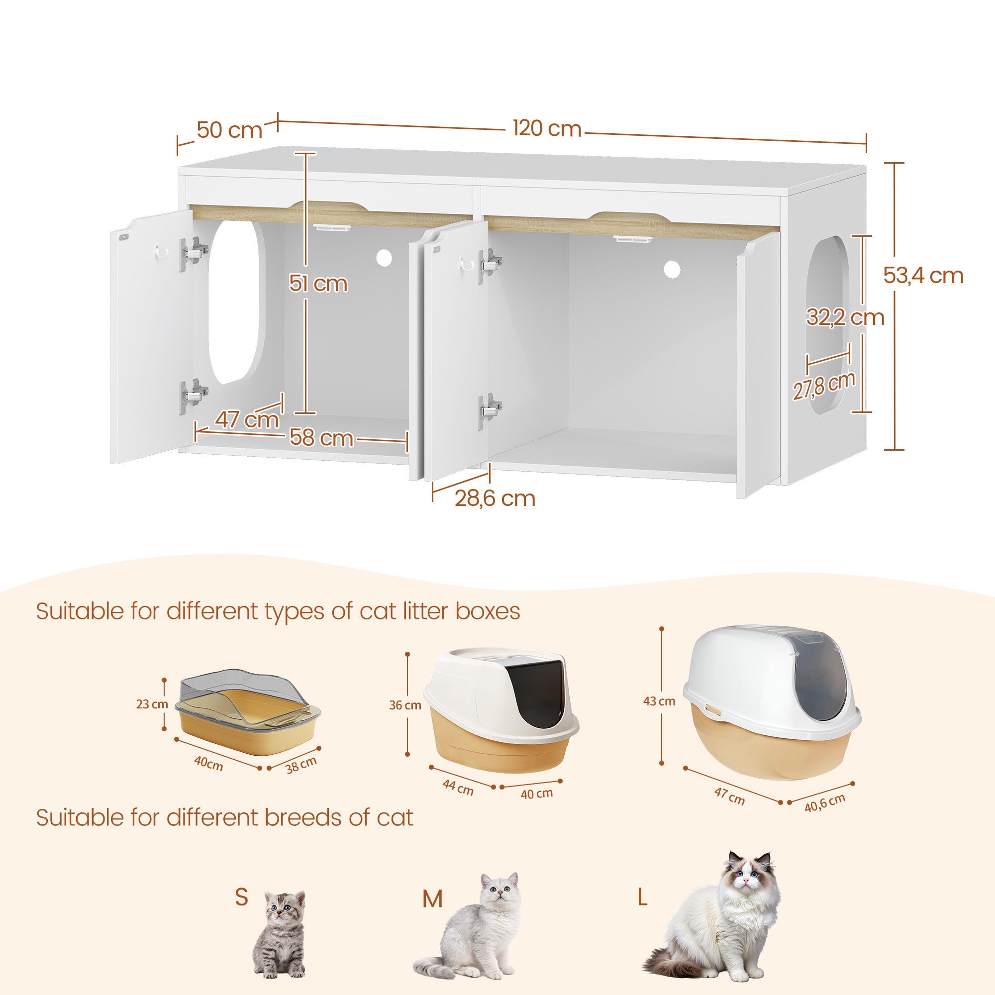 HEXCELEN Cat Litter Tray Cabinet, Cat Cabinet for 2 Cats, Hidden Cat Litter Box Cabinet, Double Door, Can Be Used as a TV Cabinet, 120 x 50 x 53.4 cm, White Oak and White,840103X