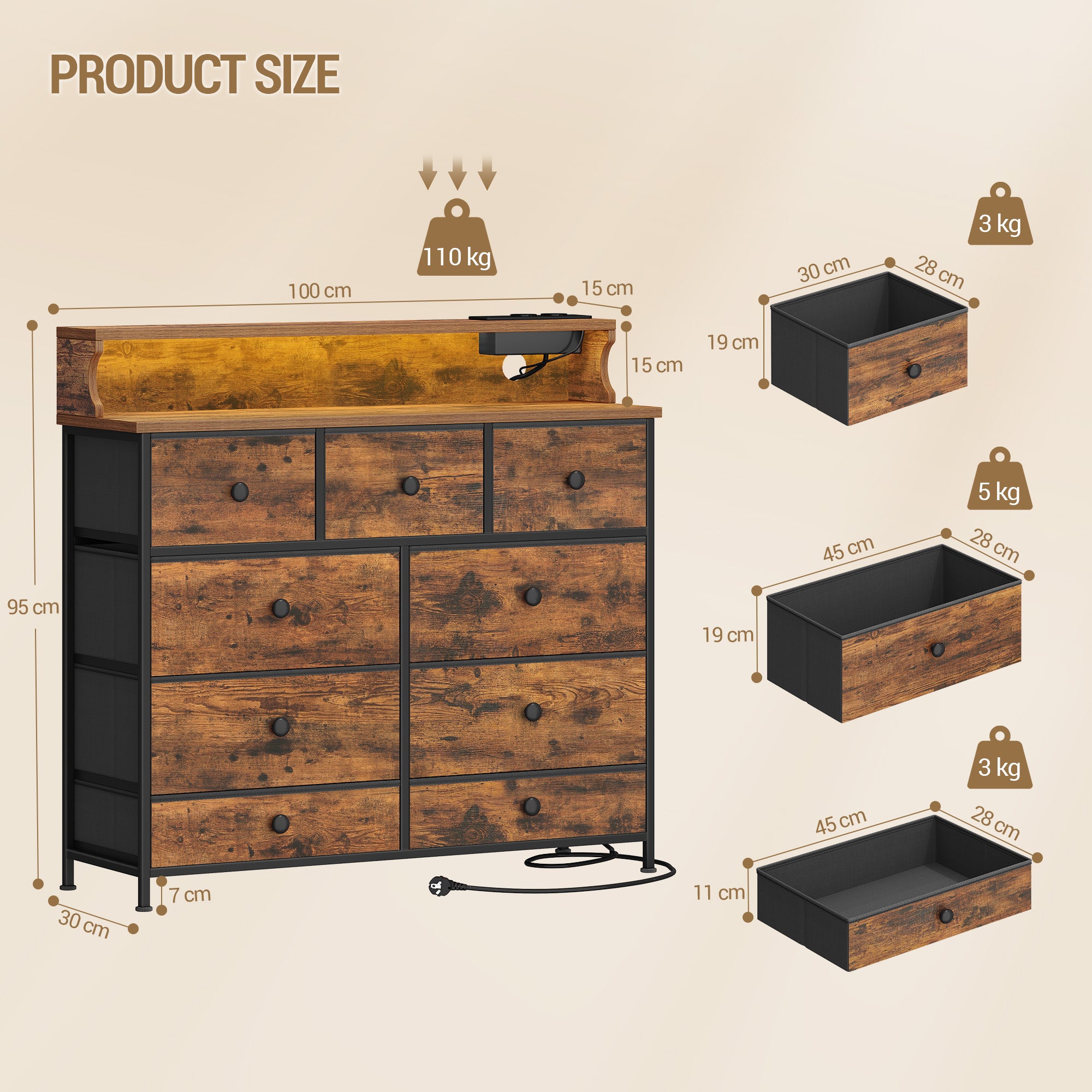 Hzuaneri Chest of Drawers, 9 Drawers, LED Light Strip, 2 USB & 2 AC Ports, Versatile Storage Furniture for Living Room and Bedroom, 30 x 100 x 95 cm, Vintage Brown DU02901B