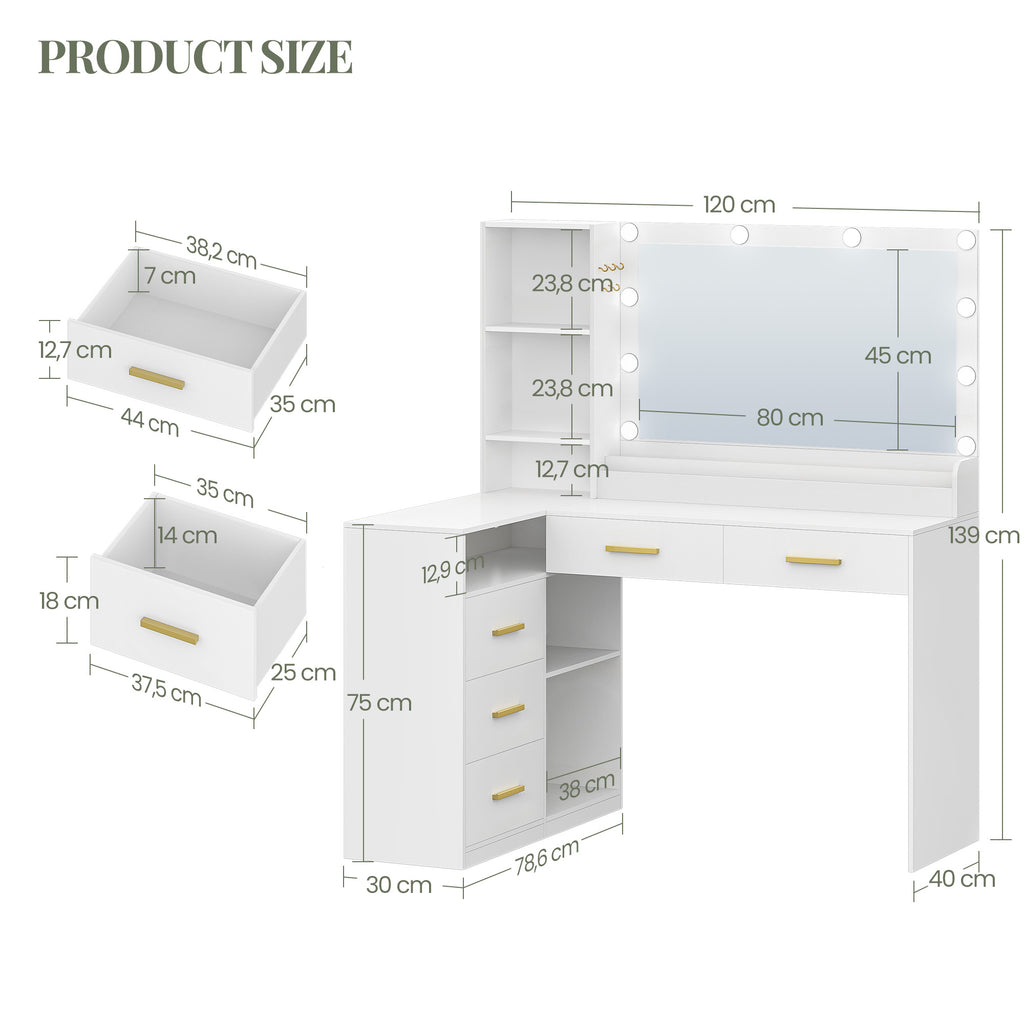 HEXCELEN Dressing Table with Large Mirror, Corner Vanity Table with 5 Drawers, Multiple Open Storage Compartments, 40 x 120 x 139 cm, White,1120103X