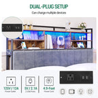 King Size Headboard with 3-Tier Storage Shelves, Velvet Upholstered Head Board with 2 Outlets, USB Ports & LED Light, Soft Backrest for King Size Bed, Rustic Brown and Black