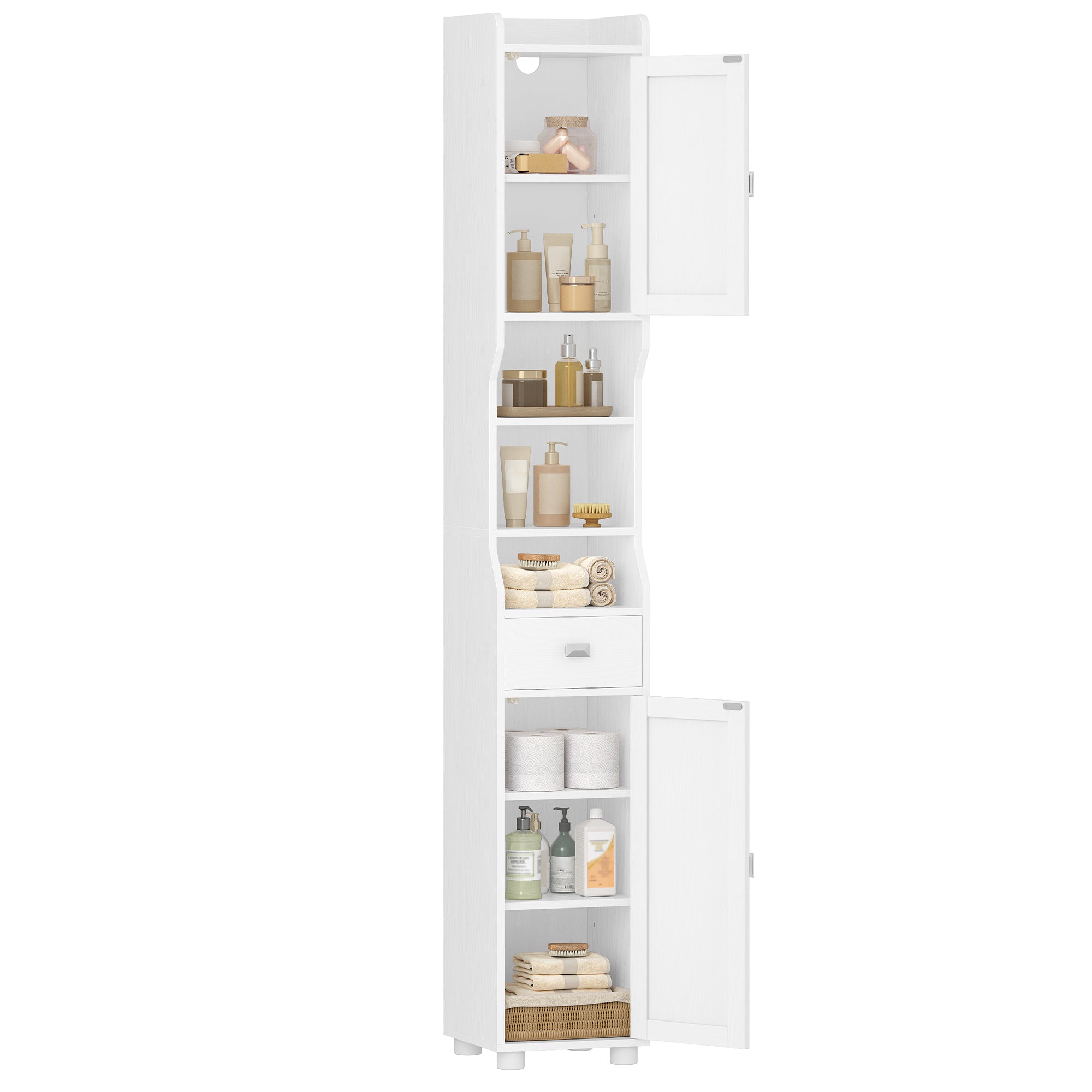 HEXCELEN Bathroom Cabinet, Narrow Tall Bathroom Cabinet, Bathroom Tall Cabinet with 2 Doors and 1 Drawer, Adjustable Shelves, Open Compartment, Space-Saving Bathroom Shelf, 28 x 28 x 180 cm, White, 480013X