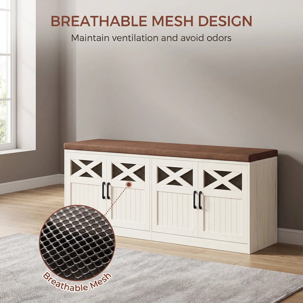 Hzuaneri 47.2" 2-Tier Shoe Storage Bench with Cushion and Doors for Entryway, Bedroom, Shoe Rack Bench with Adjustable Shelf, Rustic White
