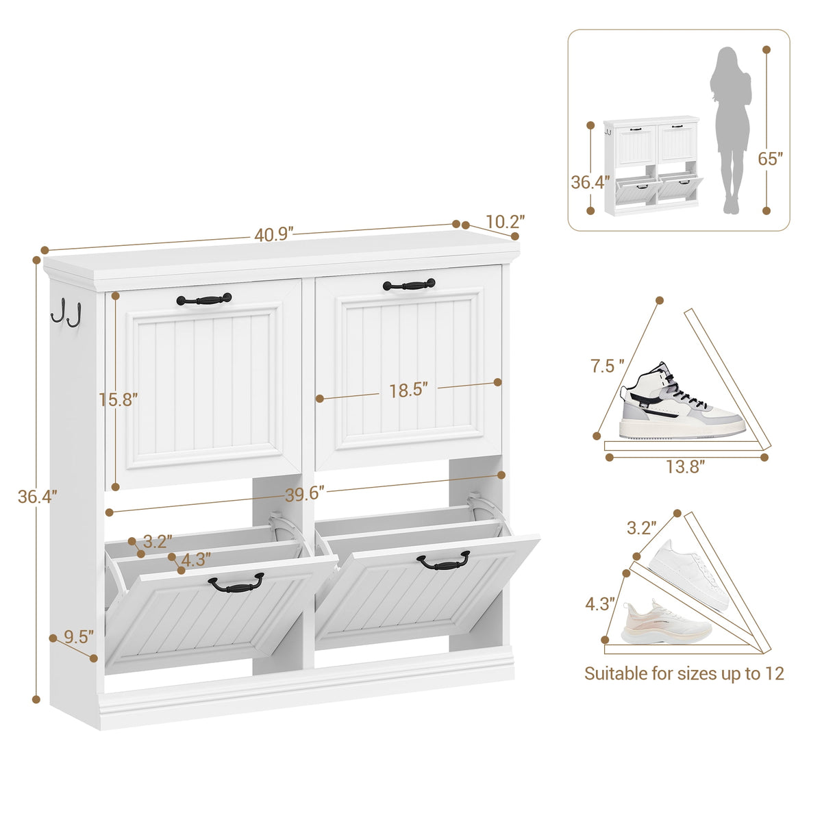 Hzuaneri 36.2" Tall Narrow Shoe Organizer, Freestanding Wooden Hidden Shoe Cabinet with 4 Flip Drawers & Adjustable Shelves, Multi-Purpose Storage Furniture for Entryway Hallway, White