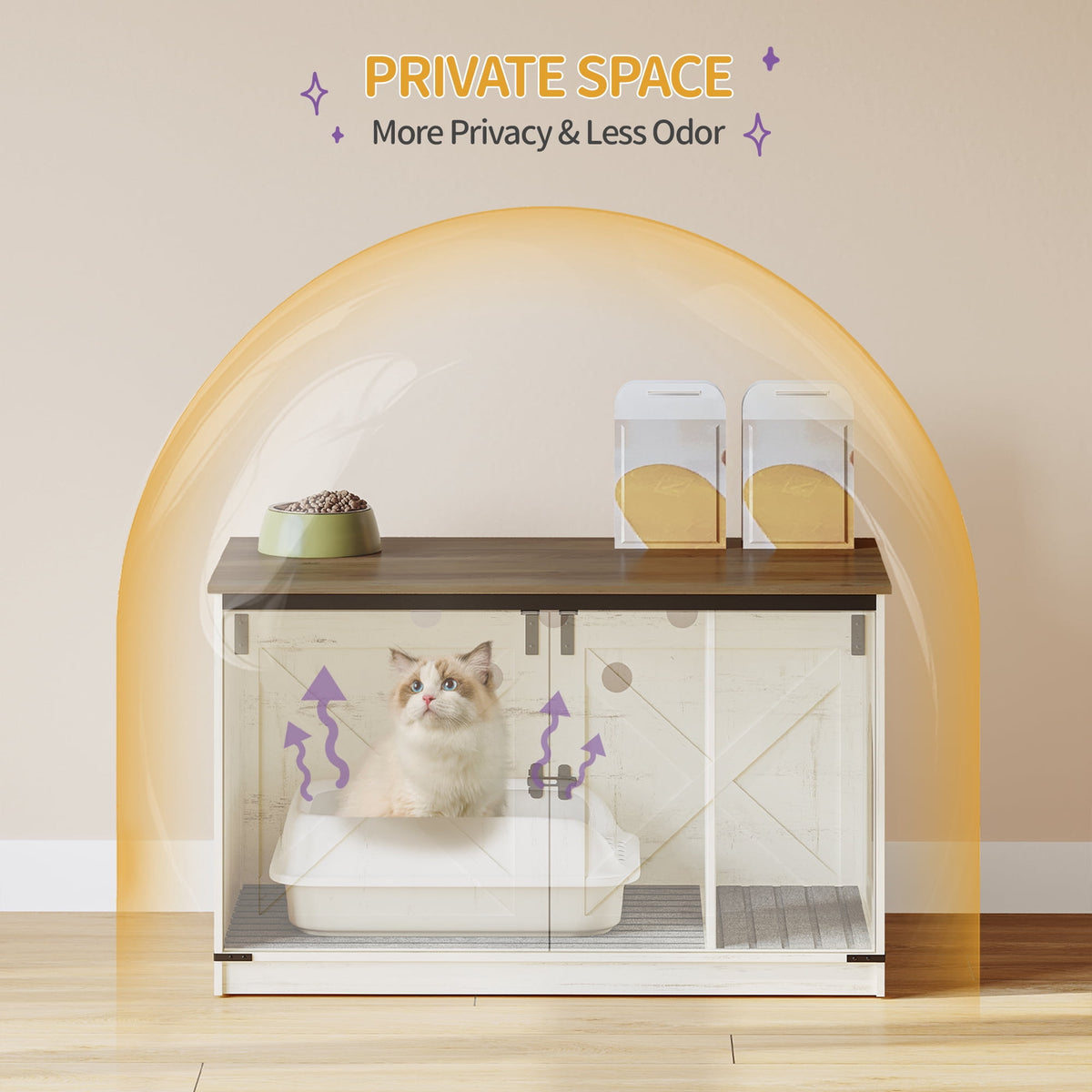 Hzuaneri 39.4 inch Cat Litter Box Enclosure, Hidden Litter Box Furniture Cabinet with Cushion for Cat, Wooden Cat House Reversible Entrance Left or Right Side, Rustic White and Brown