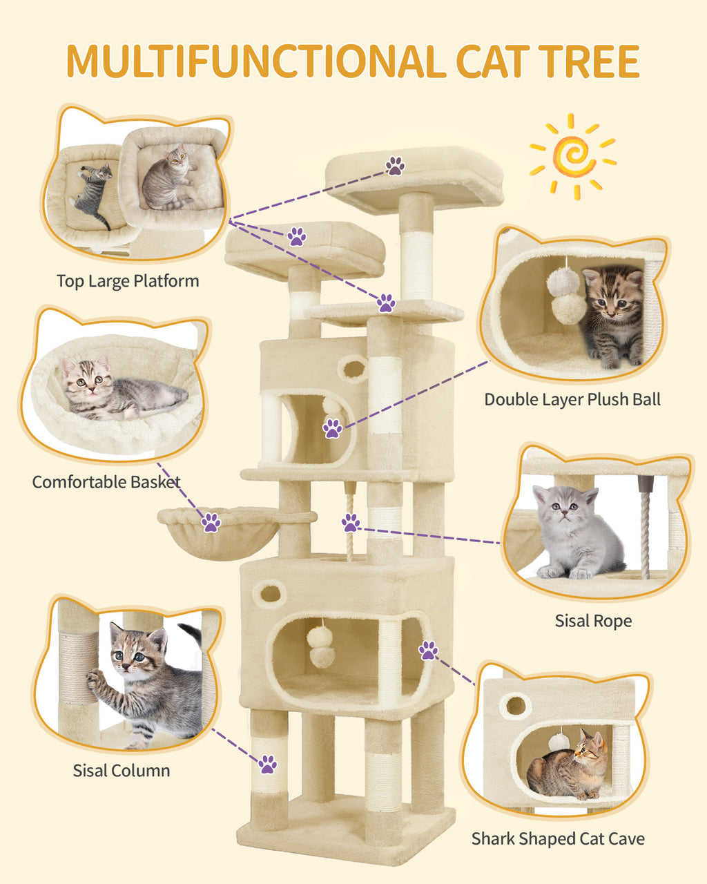 Hzuaneri Cat Tree, 159 cm with 8 Scratching Posts, Beige with 3 Platforms, 2 Caves, Basket, Plush Balls, Sisal Rope, Suitable for Cats of Various Sizes, MS15918YL