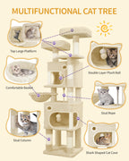 Hzuaneri Cat Tree, 159 cm with 8 Scratching Posts, Beige with 3 Platforms, 2 Caves, Basket, Plush Balls, Sisal Rope, Suitable for Cats of Various Sizes, MS15918YL