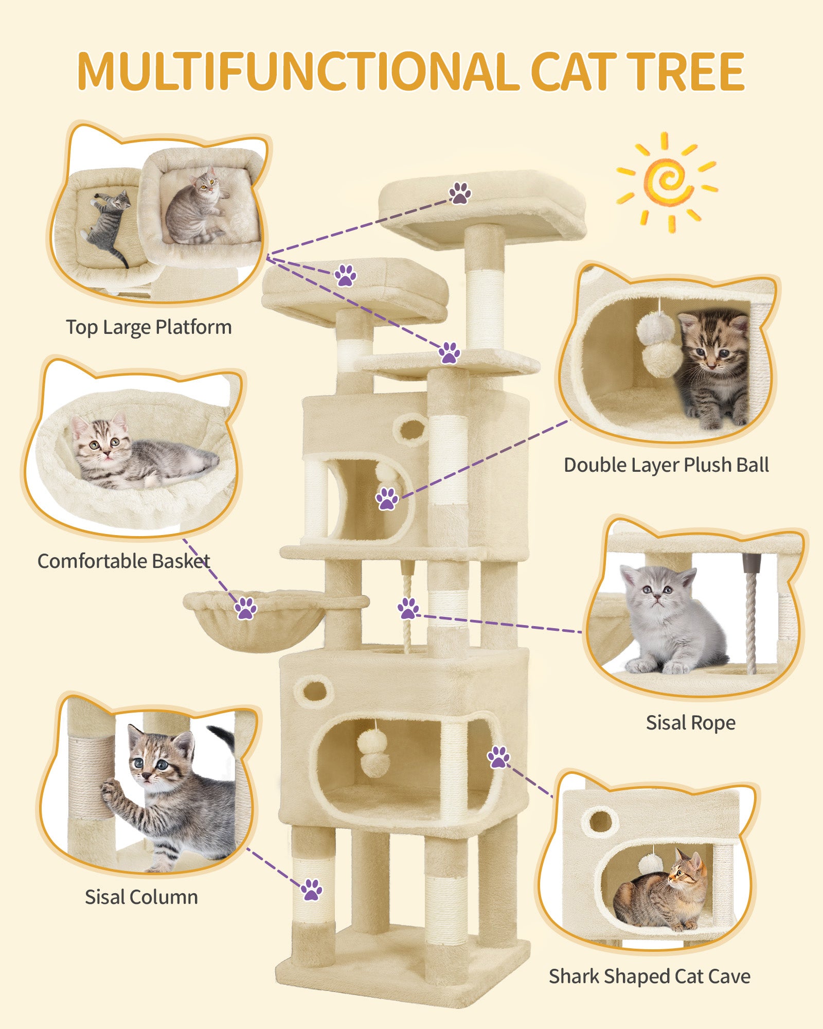 Hzuaneri Cat Tree, 159 cm with 8 Scratching Posts, Beige with 3 Platforms, 2 Caves, Basket, Plush Balls, Sisal Rope, Suitable for Cats of Various Sizes, MS15918YL