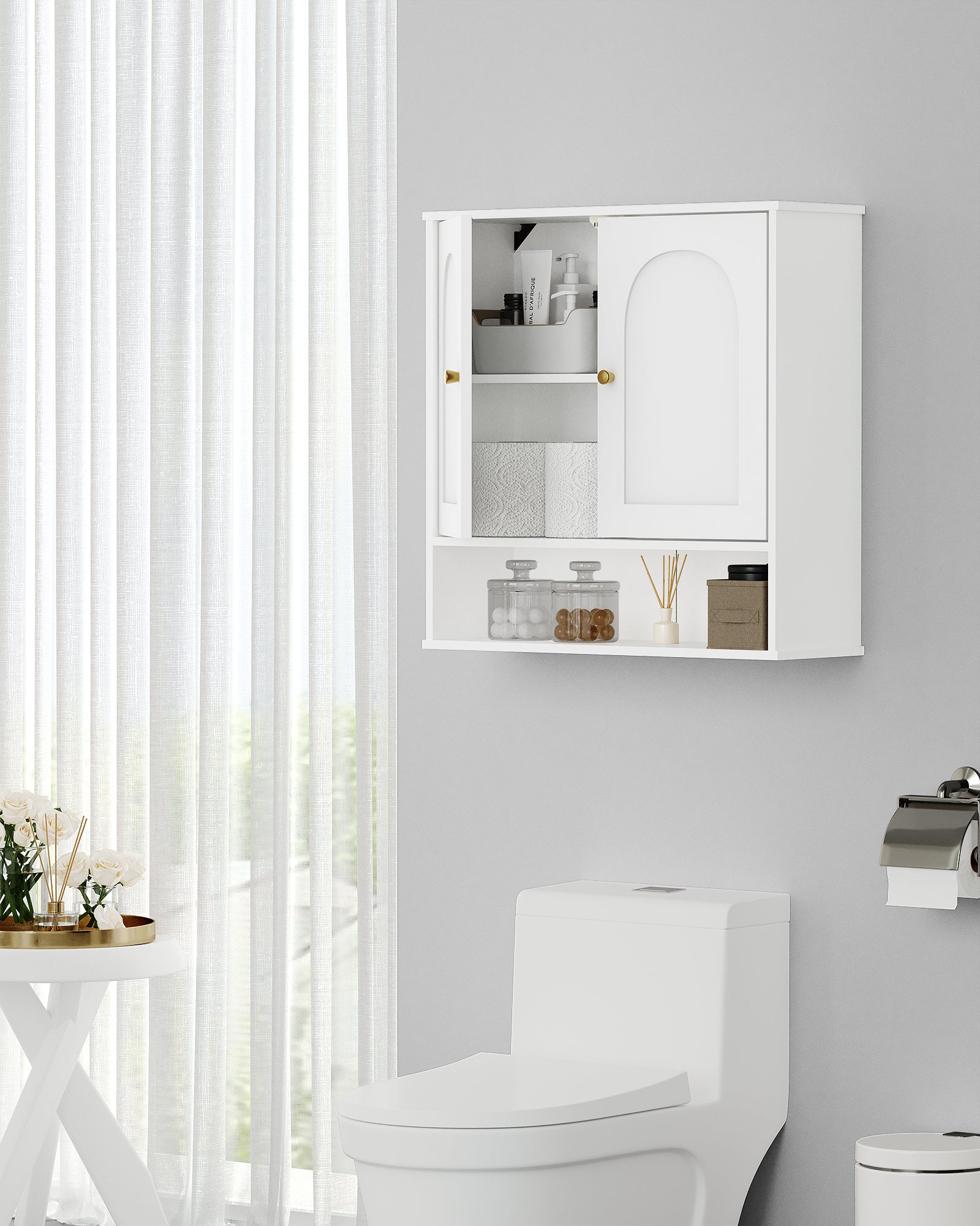 Hzuaneri  Wall Cabinet Bathroom Cabinet for Toilet and Over Sink with 2 Doors, Open Space and Adjustable Shelves Medicine Cabinet White with Wood Grain BC40113X