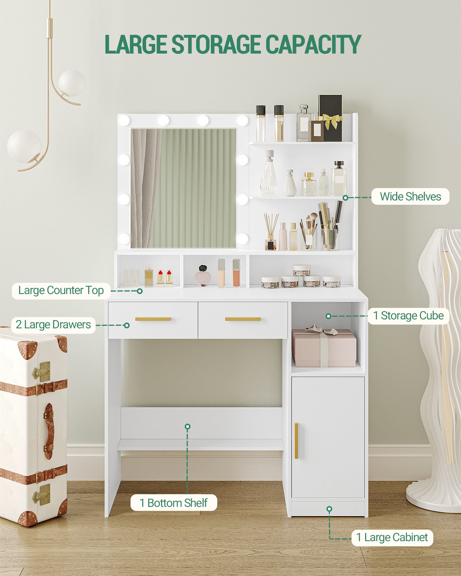 Hzuaneri Dressing Table with LED Lights Mirror, Adjustable Brightness, 2 Drawers & Cabinet, White