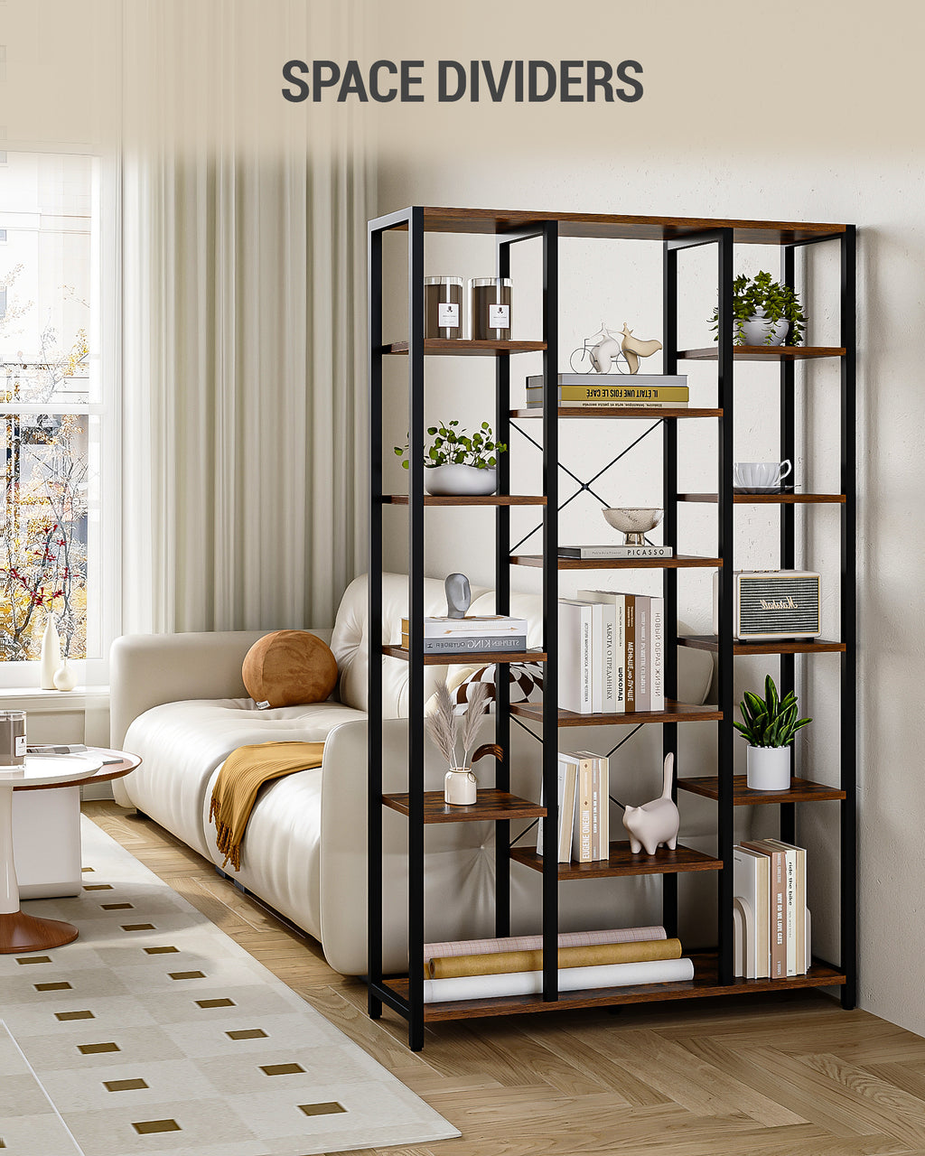 Hzuaneri  6-Level Bookshelf with 15 Adjustable Shelves, Vintage Brown-Black, 30 x 100 x 170 cm