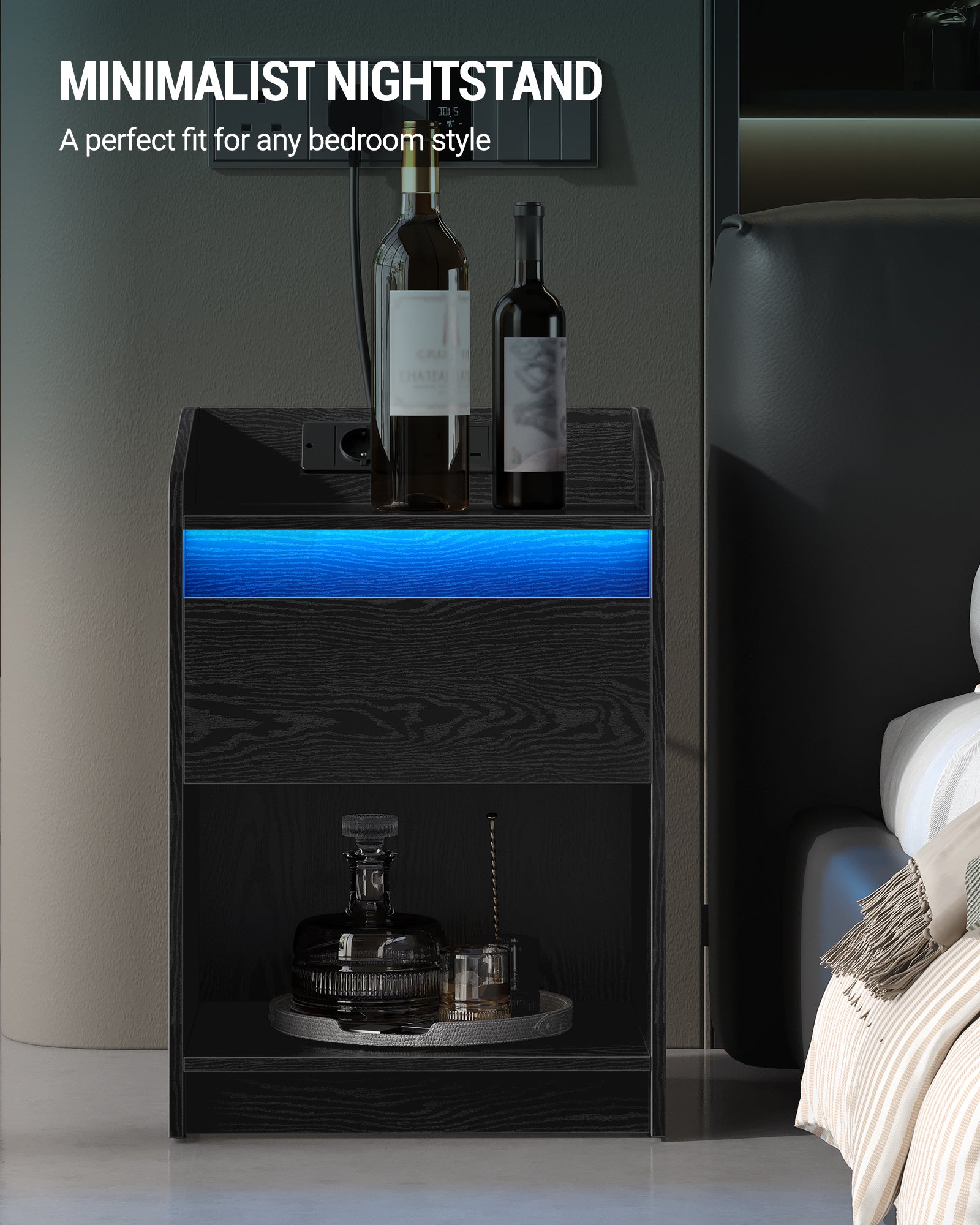 Hzuaneri Bedside Table with LED Light & Charging Station, 2 USB Ports & Outlets, Storage Drawer