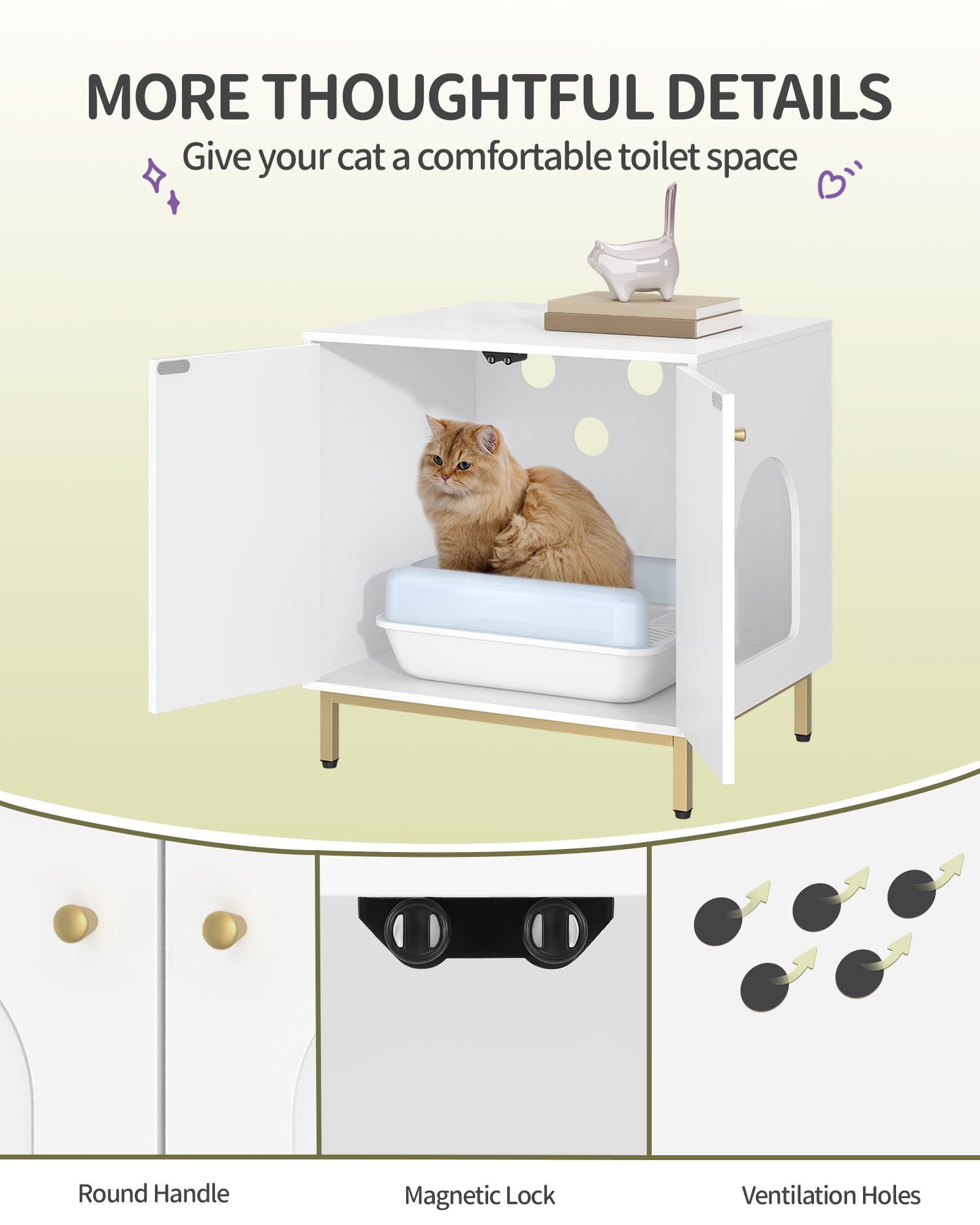 Hzuaneri Cat Cabinet, Cat Litter Box, Cat Toilet Cabinet, Cat House with Door, Wooden Side Table for Pet House White and Gold